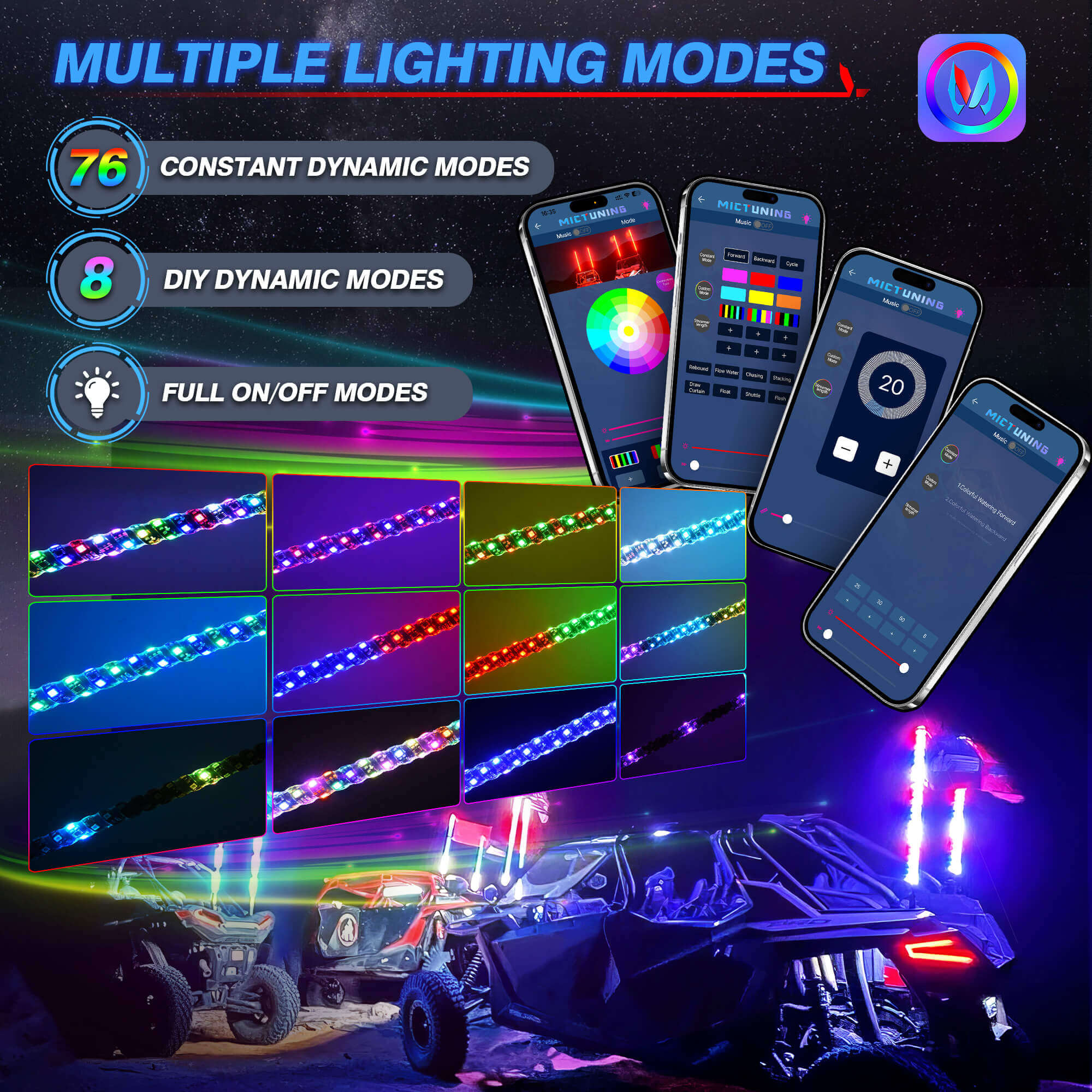 Q1 Max RGB+IC Rock Lights 8-24 Pods Bundle with 3FT/4FT W1 LED Whip Lights with 10pcs Flag