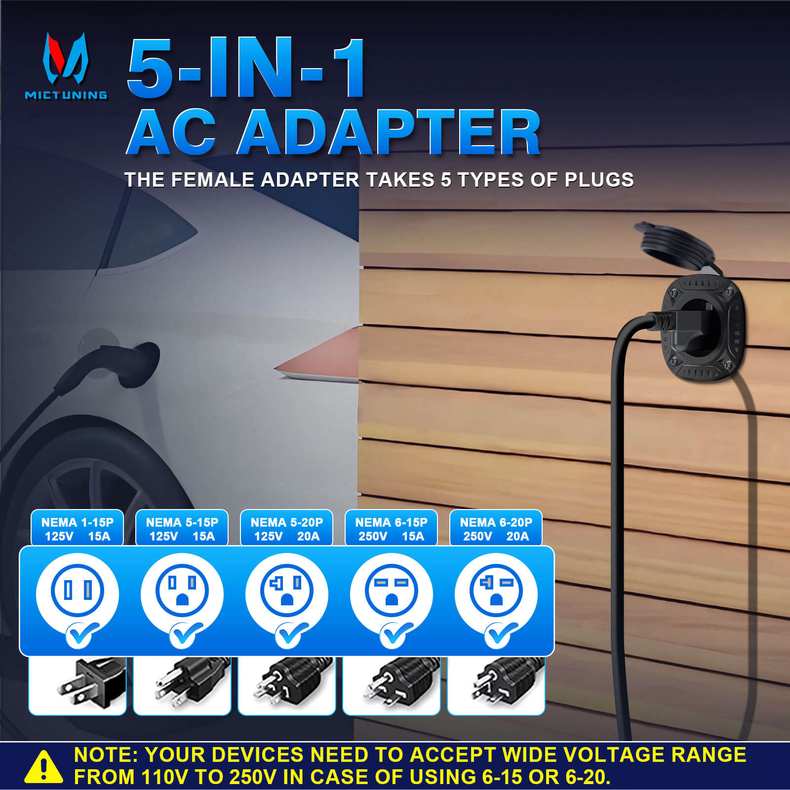 5-in-1 AC Port Plug 20A 125V, RV Shore Power Inlet Plug with T-Blade Adapter, w/ Hole Saw