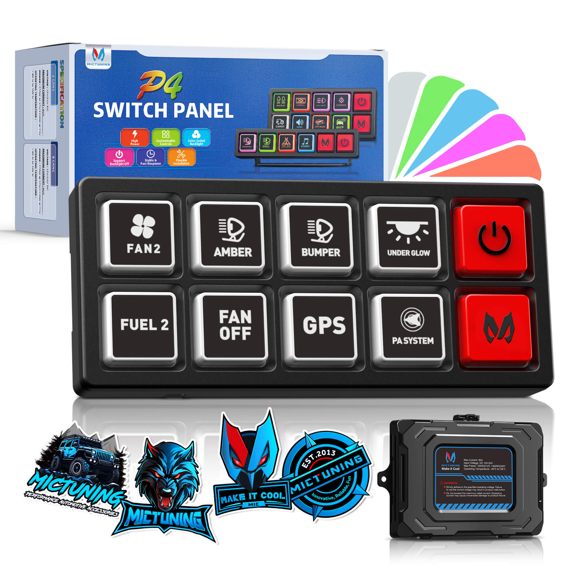 MICTUNING P4 Neon Switch Panel 4/8 Gang Universal Circuit Control Relay System Box, LED Backlit Silicone Buttons, Toggle On-Off Touch Pod
