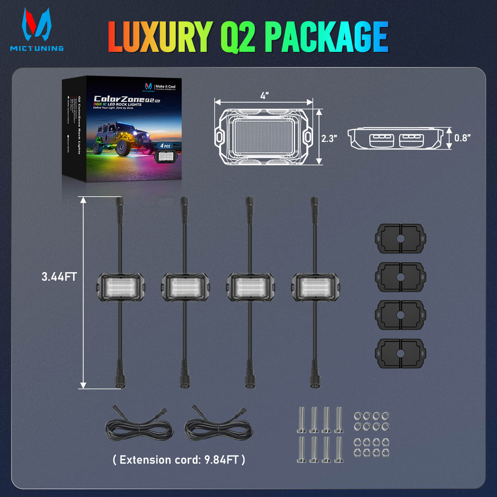 Newest Q2 MAX RGB+IC Rock Lights, 8-16 Pods Multi-Color DIY Effect Underglow Neon Kit, Individual Group Control, APP Control