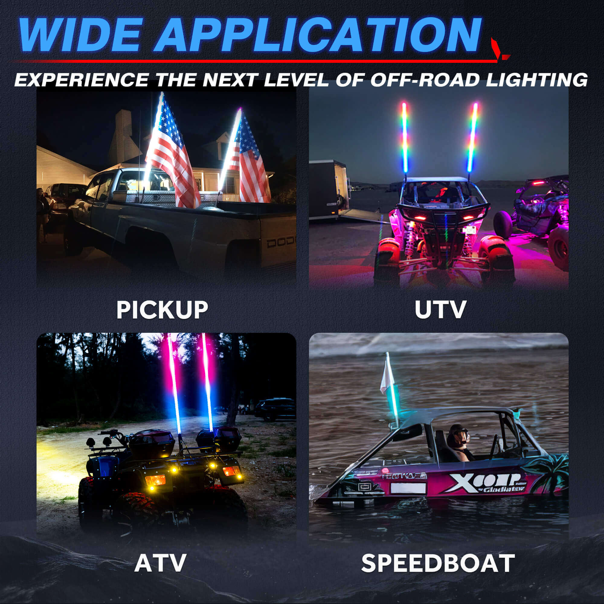 Q1 Max RGB+IC Rock Lights 8-24 Pods Bundle with 3FT/4FT W1 LED Whip Lights with 10pcs Flag