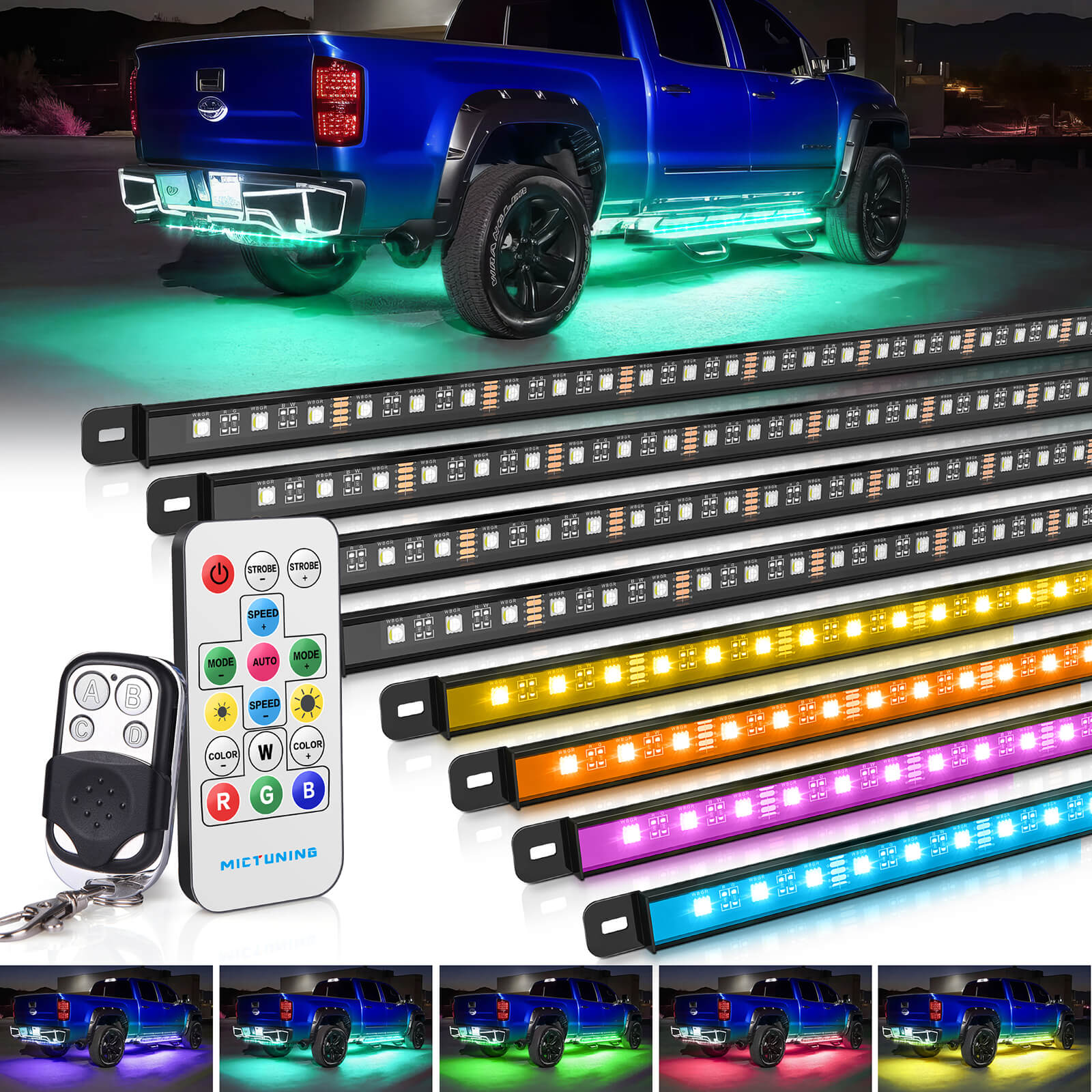 N8 Aluminum LED Car Underglow Light Kit, Exterior Underbody Light Strip 8PCS - Remote & Key Fob Dual Control(RGBW/RGB+IC)