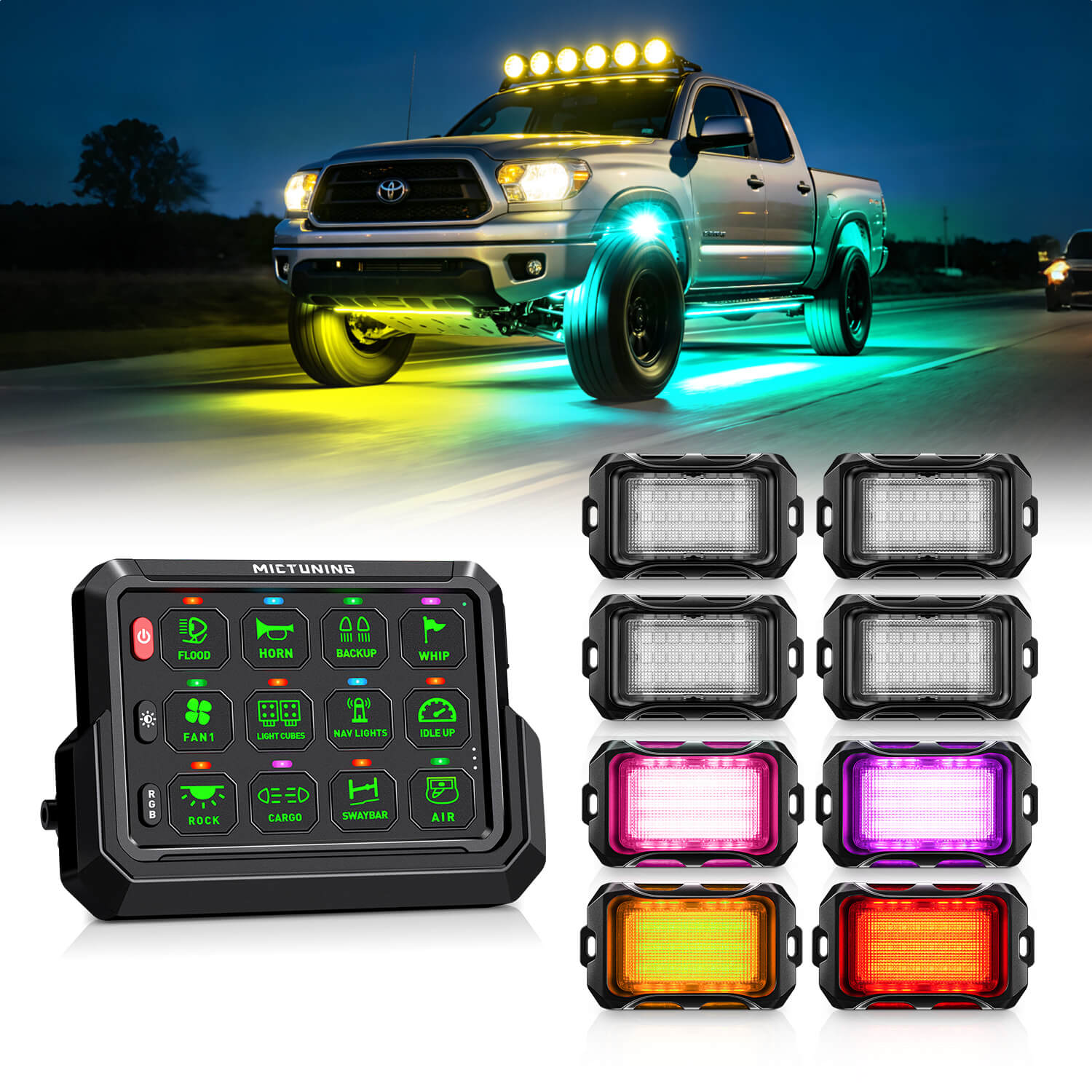 P1s-AC Wireless Cordless RGB Switch Panel Up to 265FT 8/12 Gang Bundle with Q2 MAX RGB+IC Rock Lights Individual Group Control, 8-16 Pods
