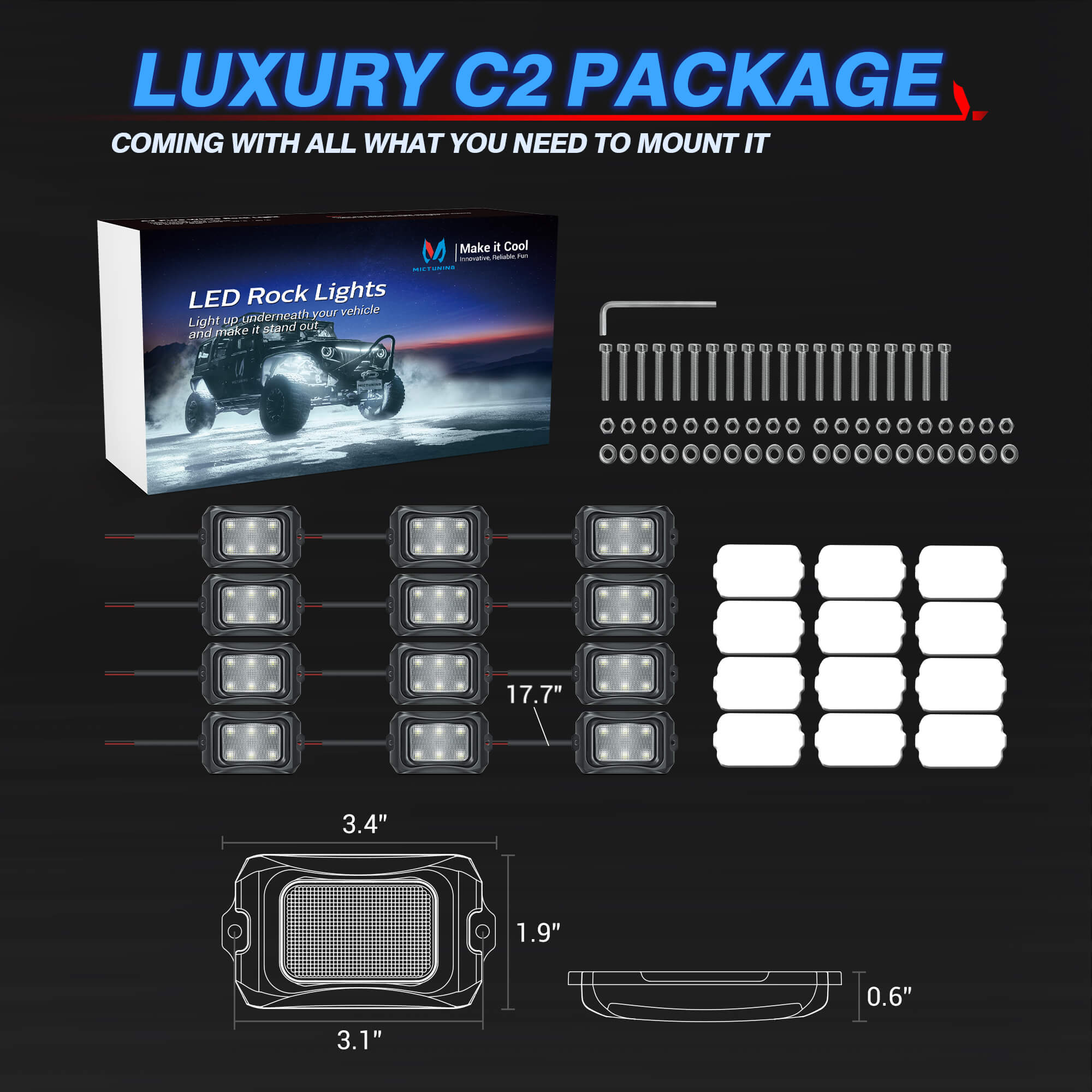 C2 Curved LED Rock Light Pure Sigle Color 4-16 Pods, White/Blue/Green
