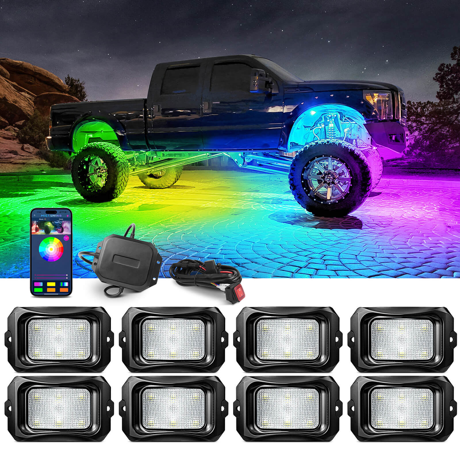 MICTUNING C2 2nd-Gen RGB+IC LED Rock Lights for Trucks, Jeep, ATV, UTV, Underglow Lighting Kit, 8 Pods