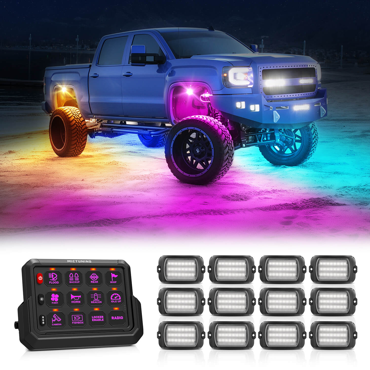 Q1 Max RGB+IC Rock Lights 8-24 Pods Bundle with P1s-AC Wireless 8/12 Gang RGB Switch Panel Removable Panel