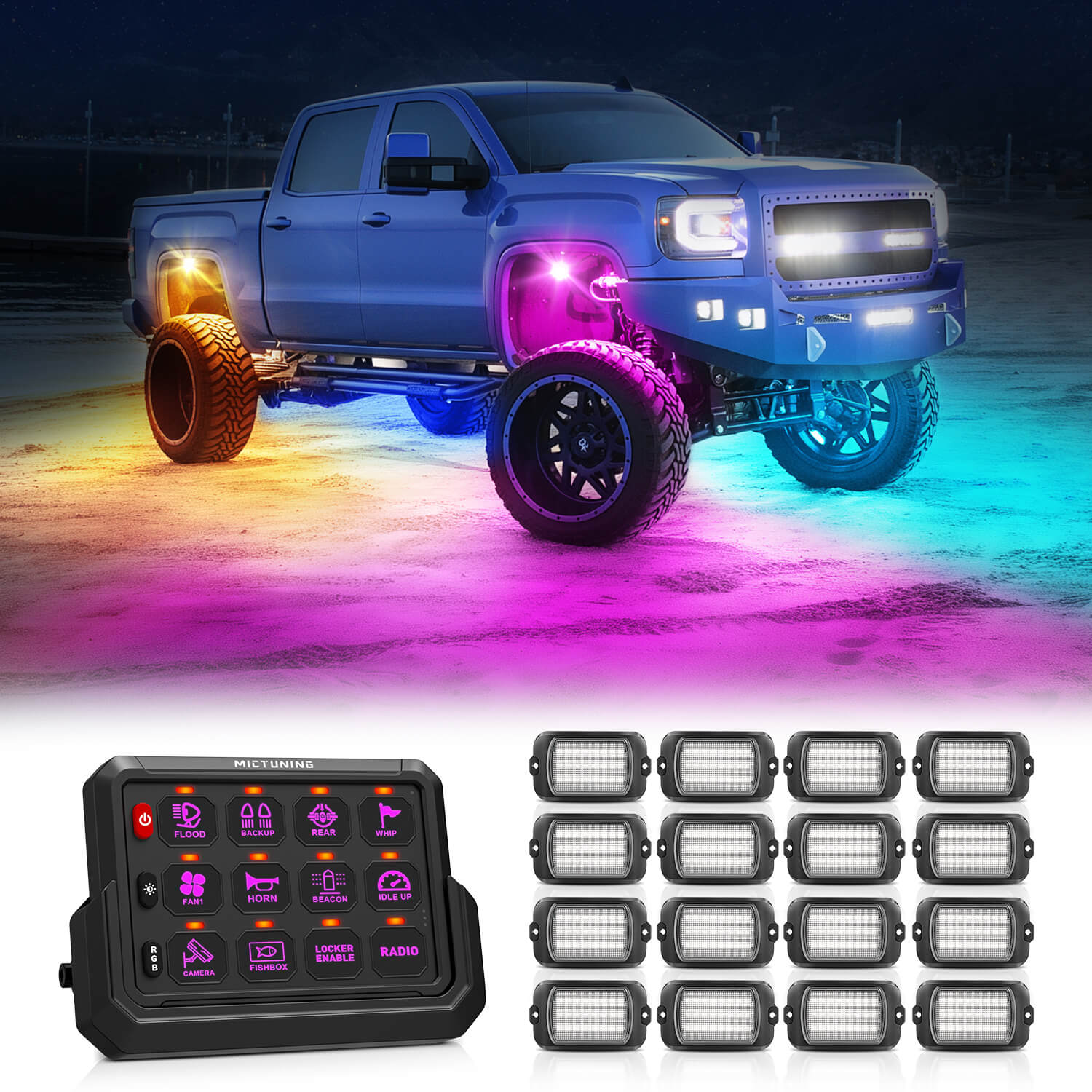 Q1 Max RGB+IC Rock Lights 8-24 Pods Bundle with P1s-AC Wireless 8/12 Gang RGB Switch Panel Removable Panel