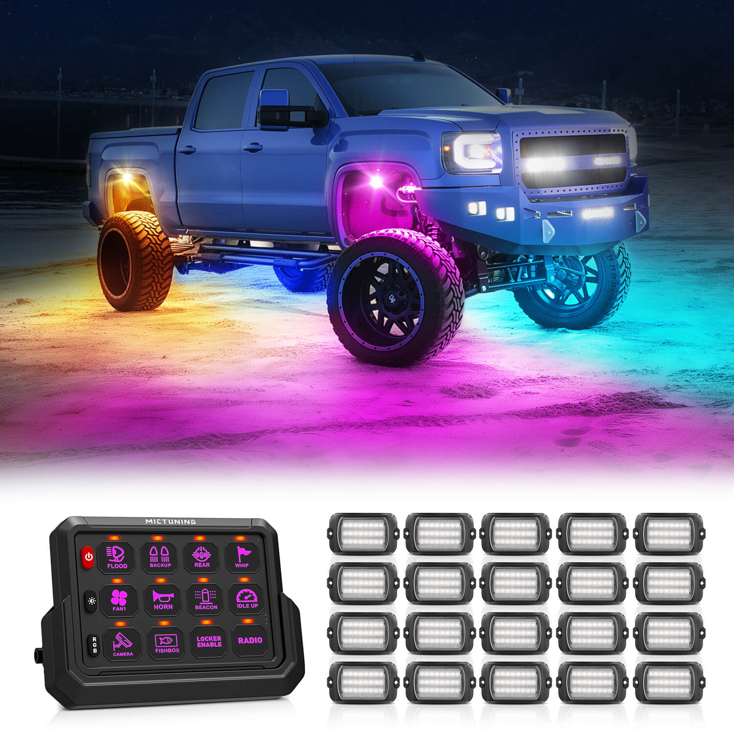 Q1 Max RGB+IC Rock Lights 8-24 Pods Bundle with P1s-AC Wireless 8/12 Gang RGB Switch Panel Removable Panel