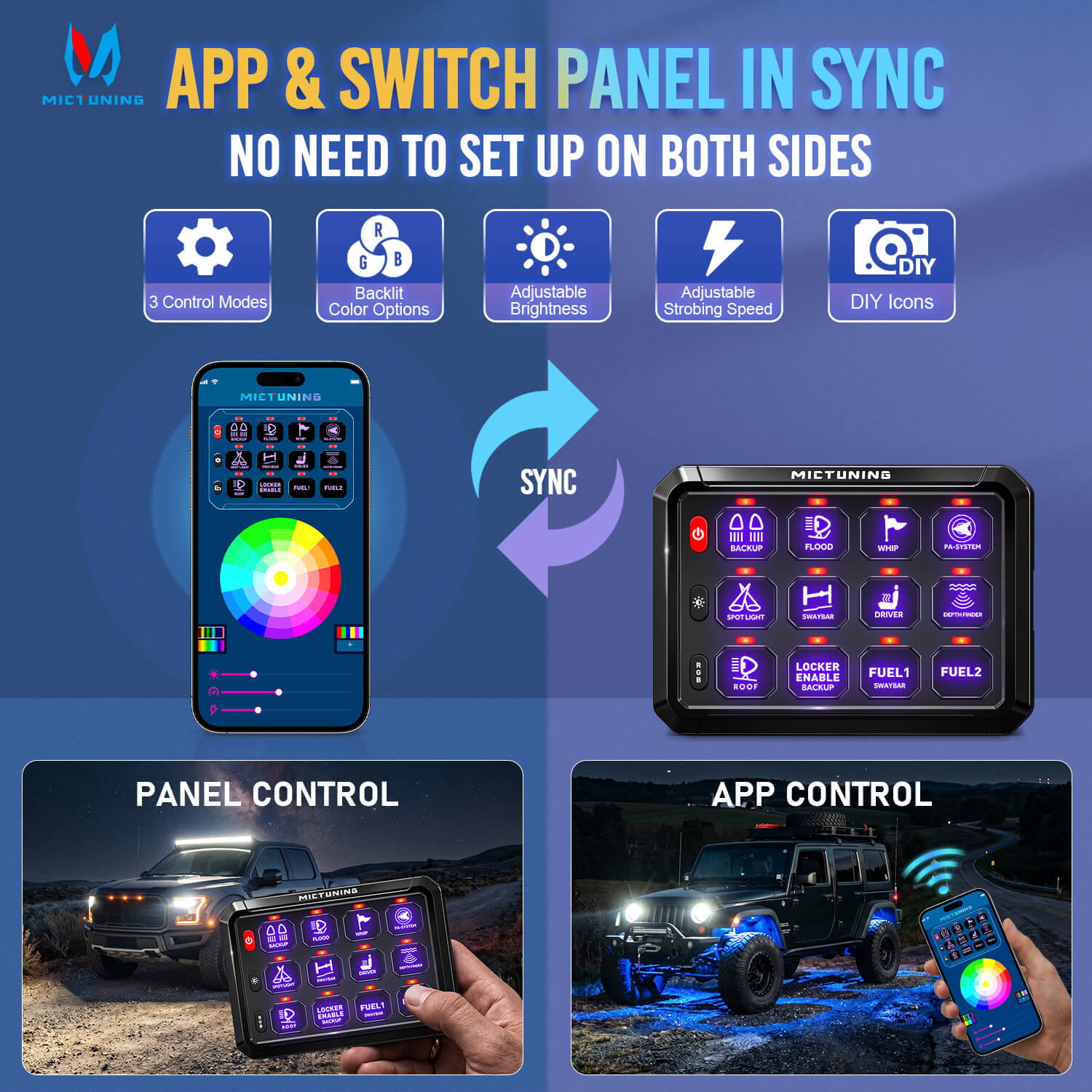 N8 RGBW/RGB+IC Car Underglow Light Kit Bundle with P1s-APP Bluetooth 8/12 Gang RGB Switch Panel