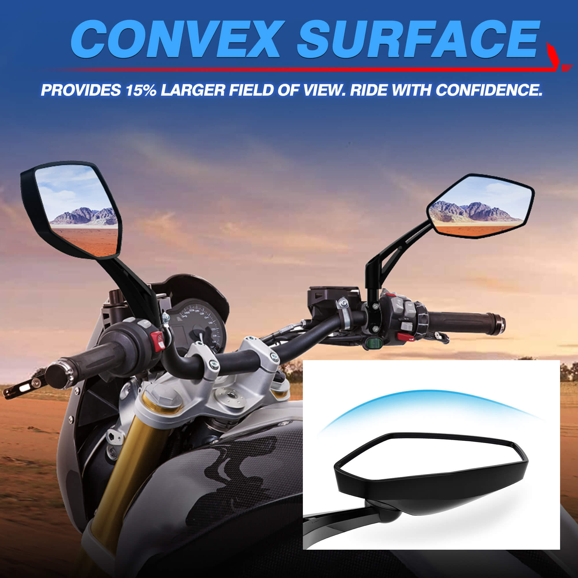 Motorcycle Rearview Mirrors Convex Blue Lens, Impact-Resistant ABS, 180° Rotation Adjustable- Fits M8 M10 Socket or 22mm Diameter Handlebar