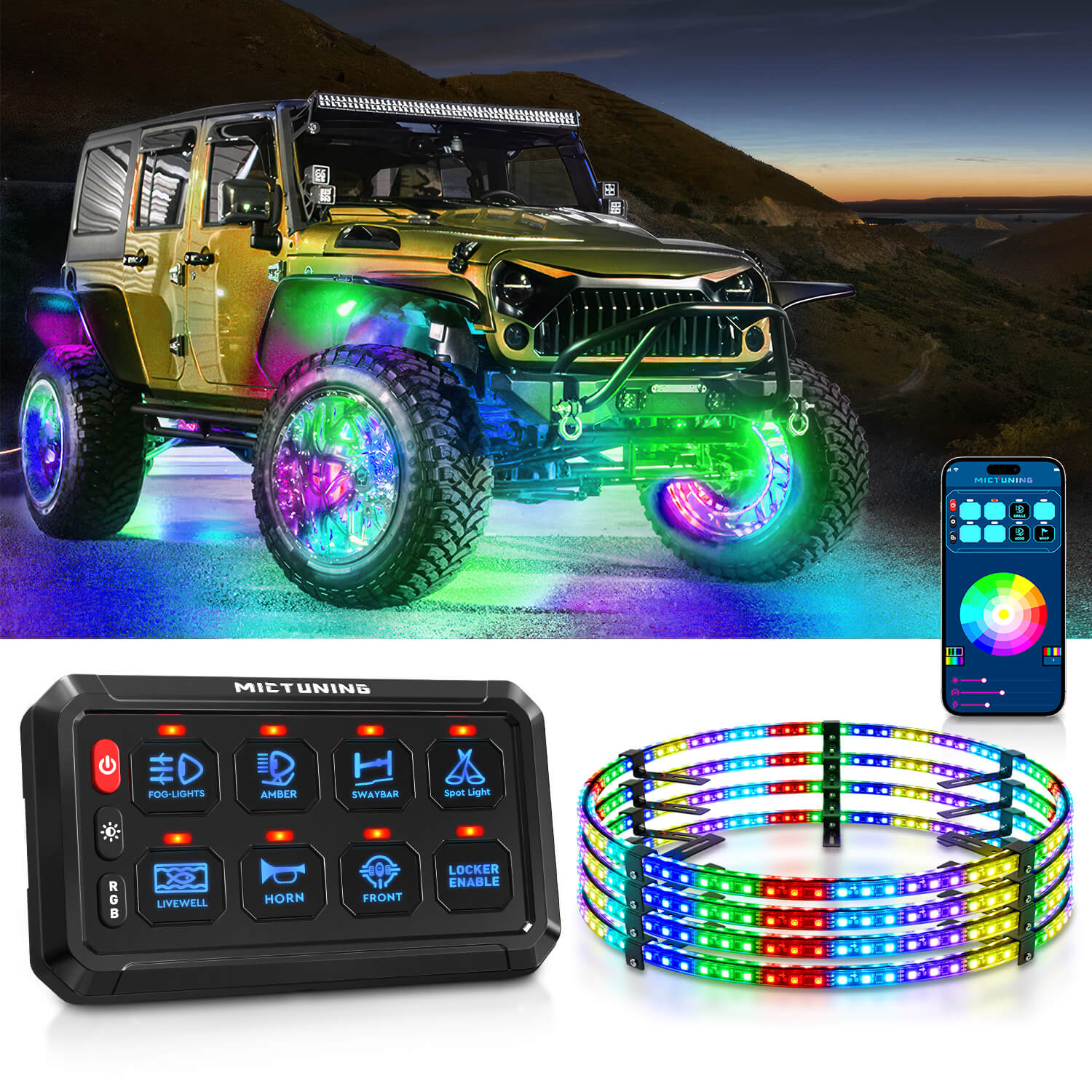 P1s Bluetooth RGB Switch Panel Bundle with V1 RGB+IC Wheel Ring Lights Kit