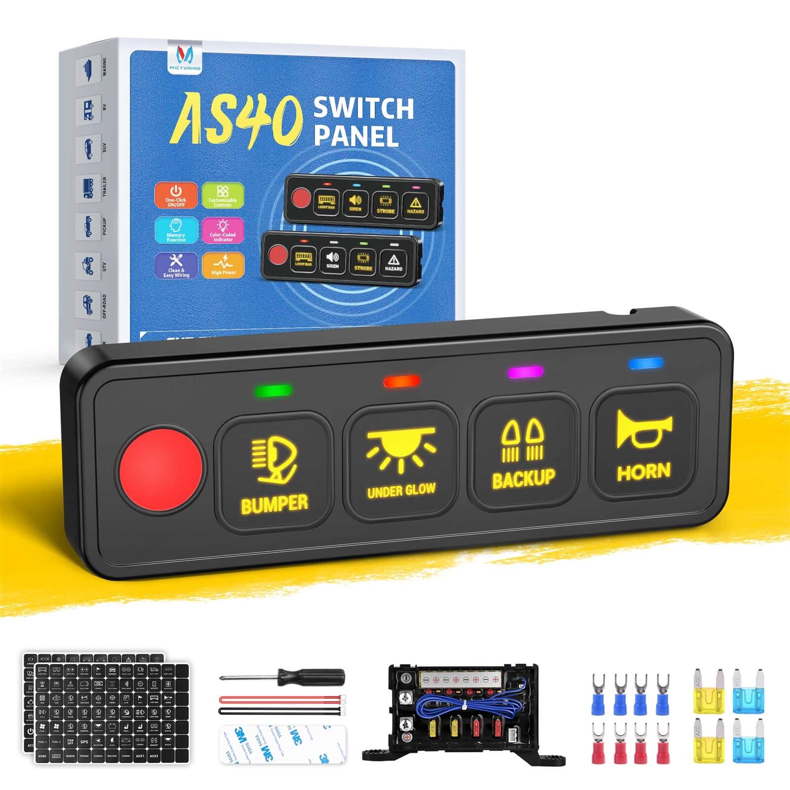 AS-40/AS-60 4 Gang/6 Gang Switch Panel, High Power Multifunction Toggle Momentary Strobe Circuit Control Relay System Box with Strong Adhesive
