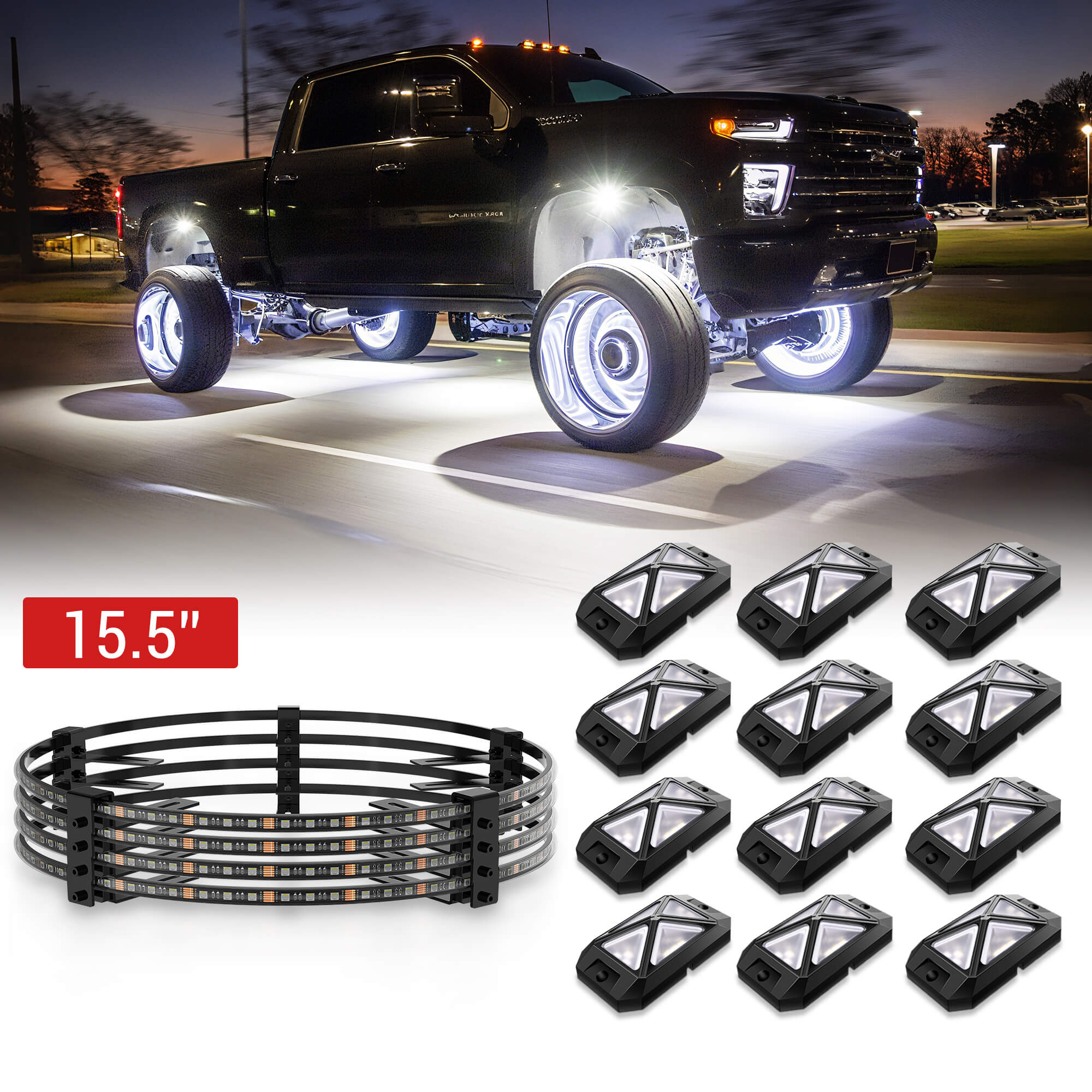 C4 4-Sided RGBW LED Rock Lights 8-16 Pods Bundle with V1 RGBW LED Wheel Ring Lights Kit 15.5″/17.5″