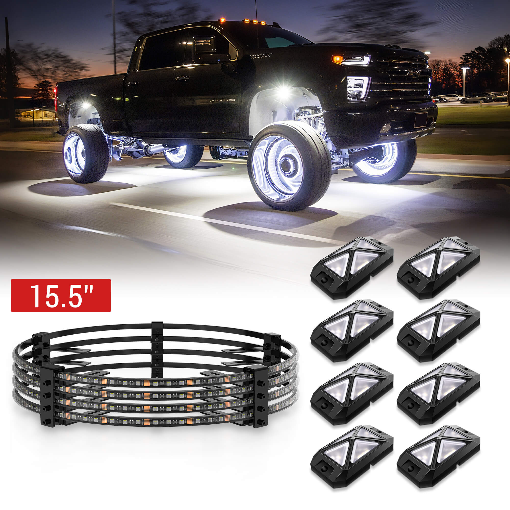 C4 4-Sided RGBW LED Rock Lights 8-16 Pods Bundle with V1 RGBW LED Wheel Ring Lights Kit 15.5″/17.5″