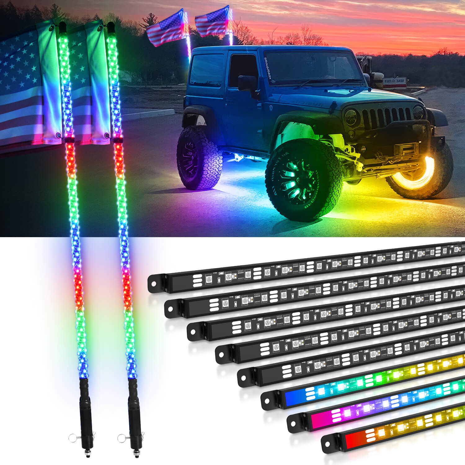 N8 RGB+IC LED Car Underglow Light Kit Bundle with LED Whip Lights Kit