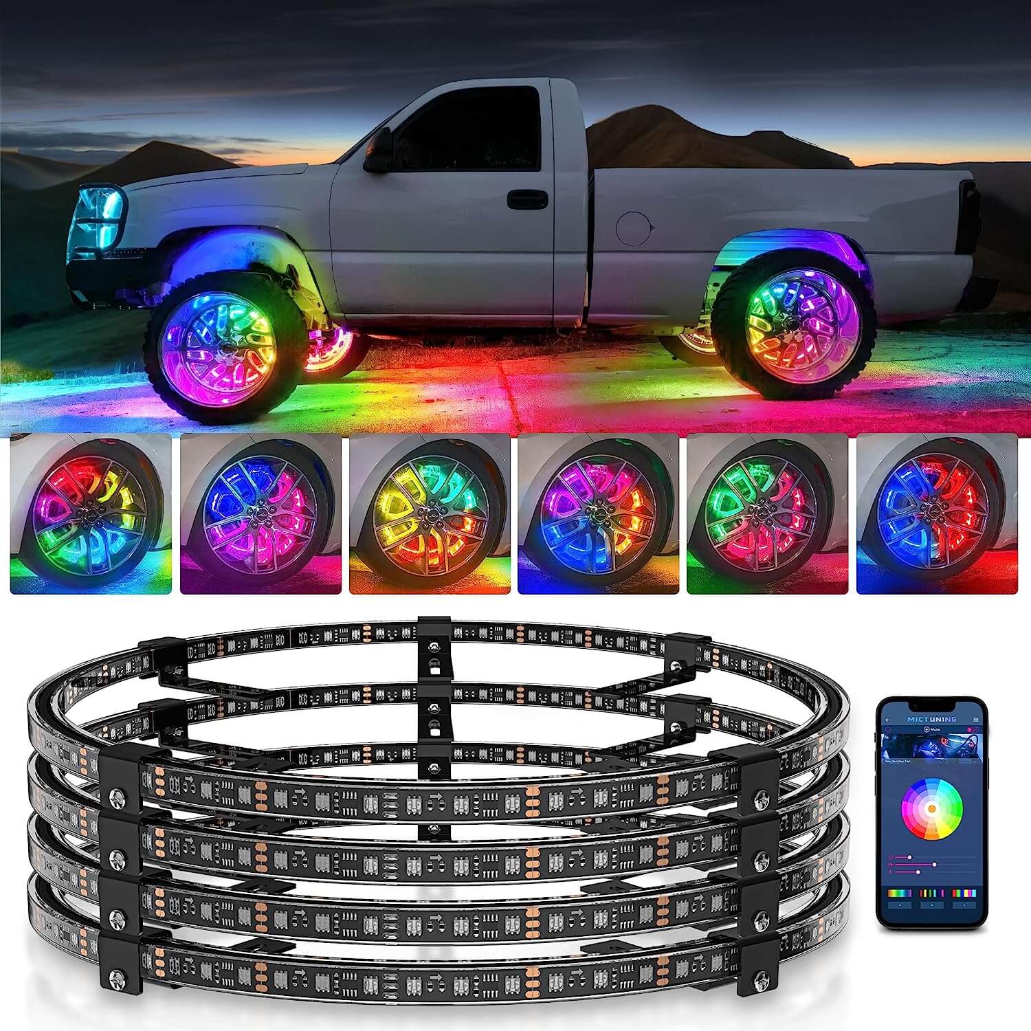 15.5″/17″ V1 RGB+IC Chasing Color Wheel Ring Lights Kit with APP Control, Double-Row Neon Wheel Rim Lights