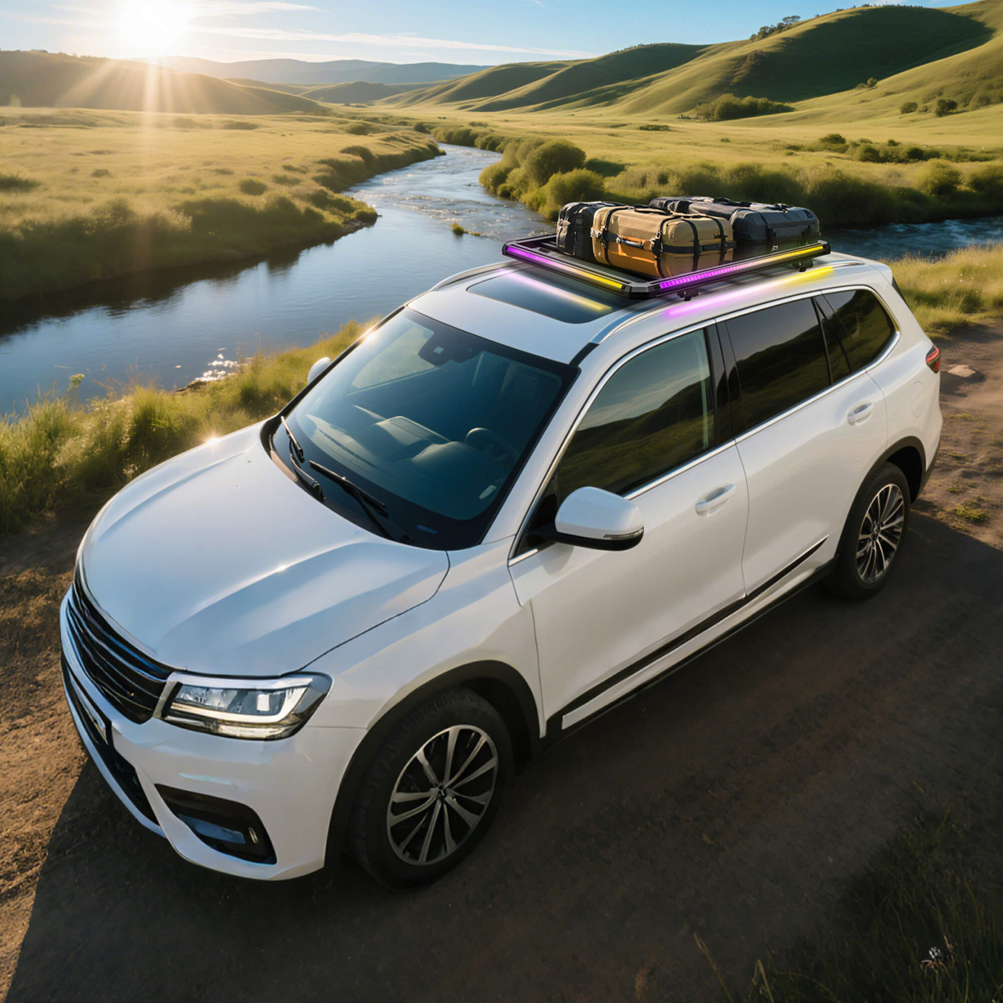 Newest LED Roof Rack Cargo Platform w/ built-in RGB+IC Light Strips, RGB Chasing Lights Frame, Aluminum, 55.1" x 47.2", Fits Most 2-Bar SUVs (Only Ships to U.S. )