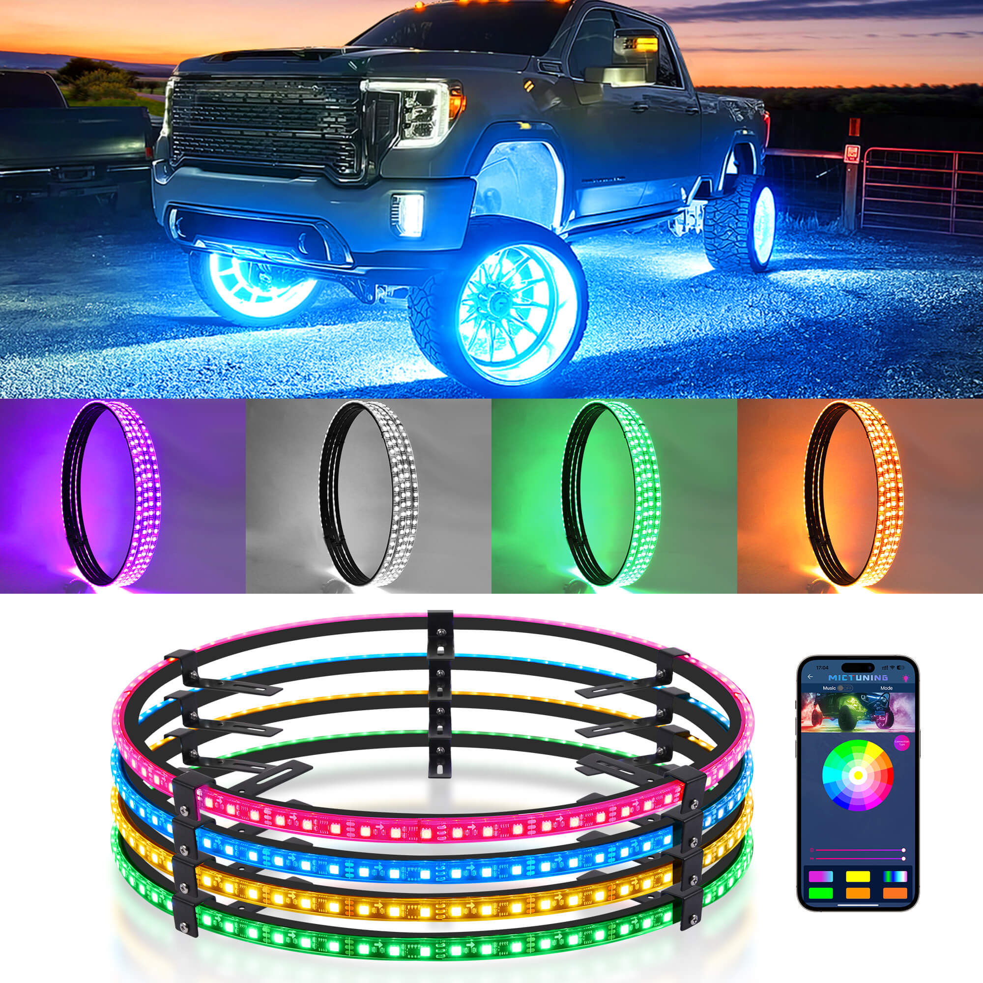 15.5'' V1 RGBW LED Wheel Ring Lights 4pcs Neon Wheel Rim Lights w/Turn Signal & Braking Function