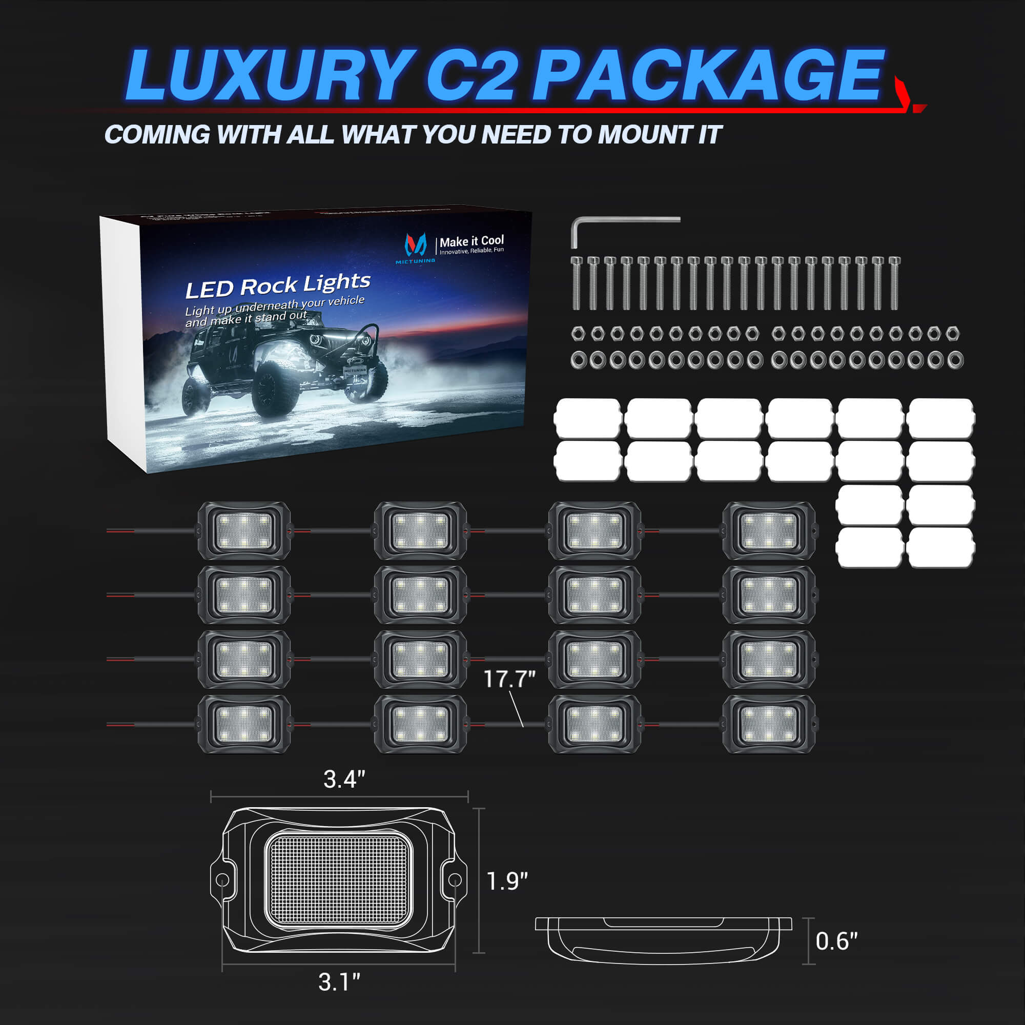 C2 Curved LED Rock Light Pure Sigle Color 4-16 Pods, White/Blue/Green