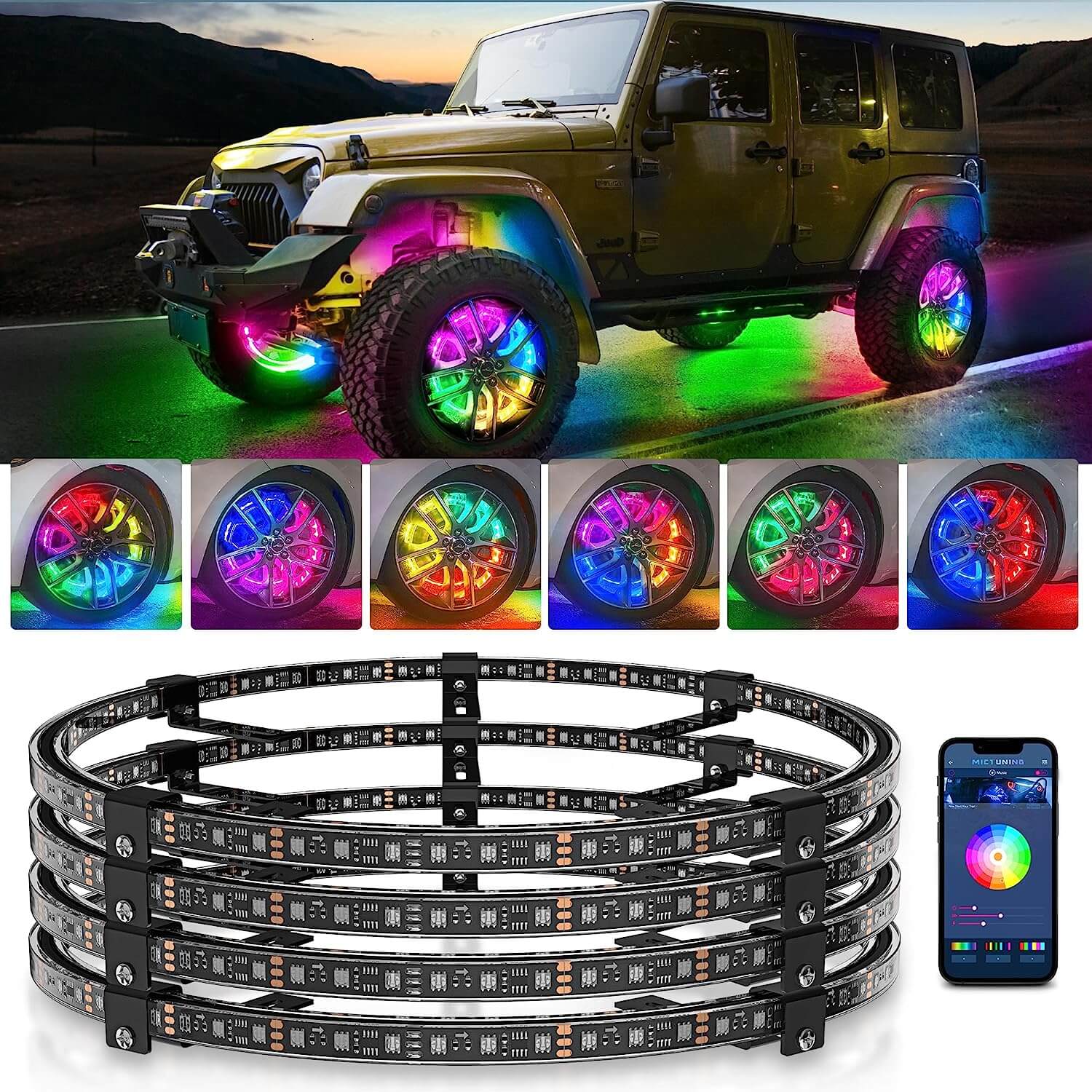 15.5″/17″ V1 RGB+IC Chasing Color Wheel Ring Lights Kit with APP Control, Double-Row Neon Wheel Rim Lights