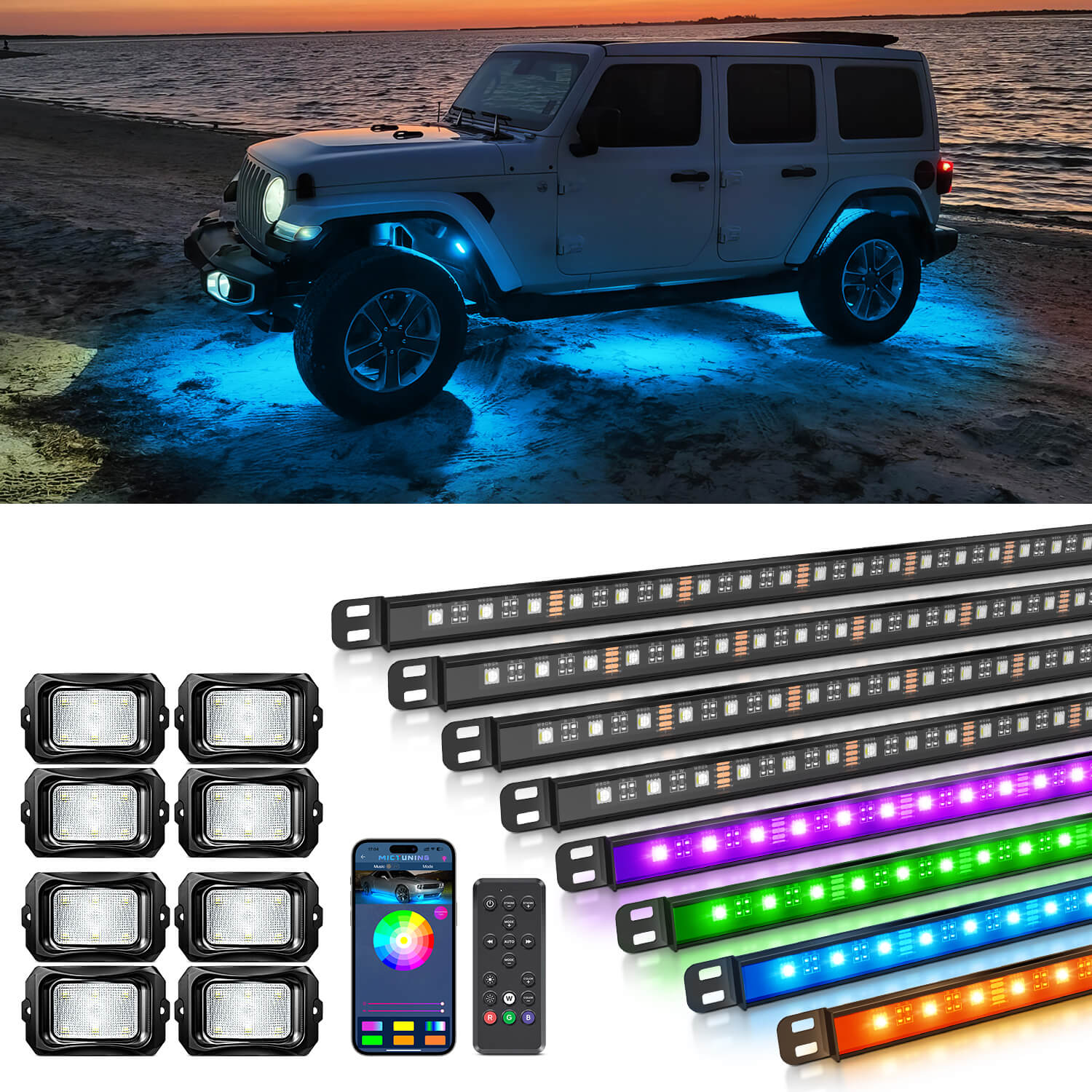 N8 RGBW LED Car Underglow Light Kit Bundle with C2 RGBW LED Rock Lights