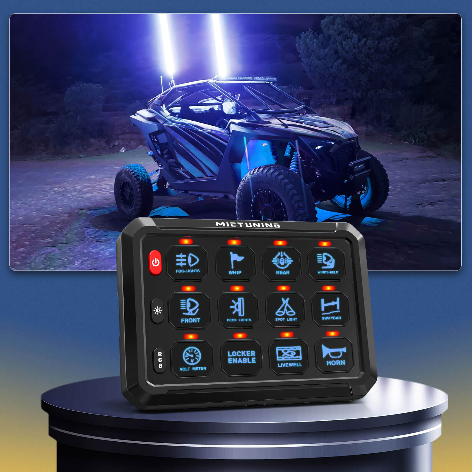 P1s-X RGB 5" 8/12 Gang Switch Panel with Backlit Off, Multifunction Toggle Momentary Strobe Pulsed Switch Pod