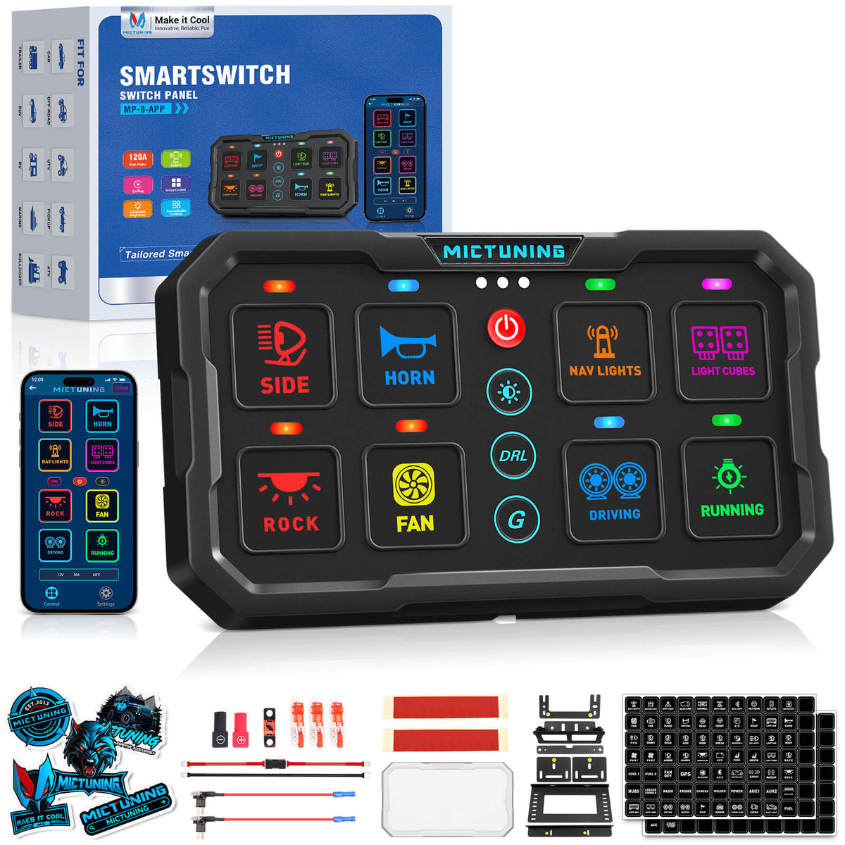 Newest MP Smart Switch Panel 8 Gang, 120A High Current, Trigger & DRL Control, App & Apple CarPlay, Group Control, Low-Voltage Auto Cutoff