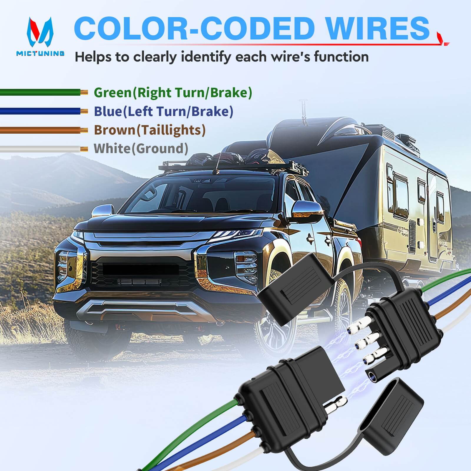 4 Pin Flat Trailer Extension Cable 12 inch, 16 AWG Pure Copper Wire Vehicle-Side and Trailer-Side 4 Way Connector