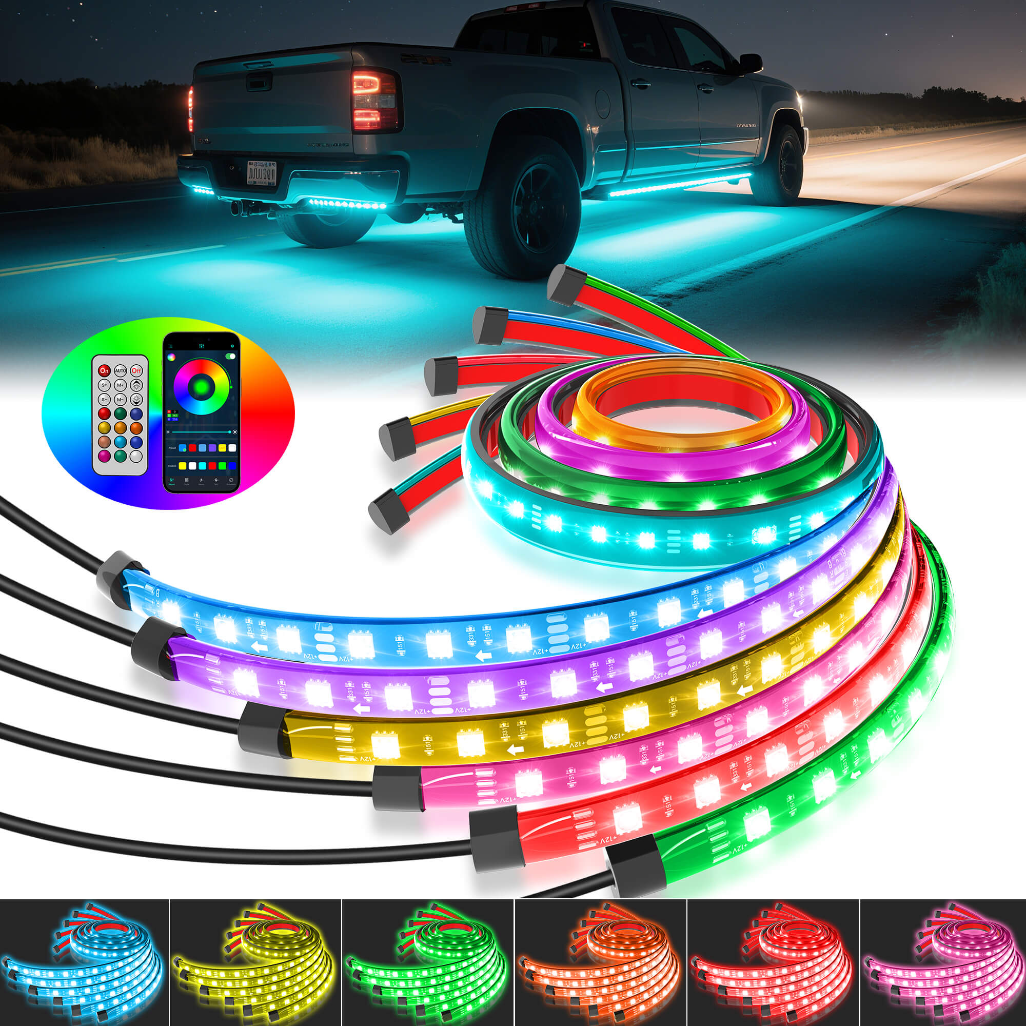 RGB Car Underglow Neon Accent Strip Lights, APP & Remote Control, Sound Active Function, Music Mode(2x35″+2x47″/4x35″+2x47″ )