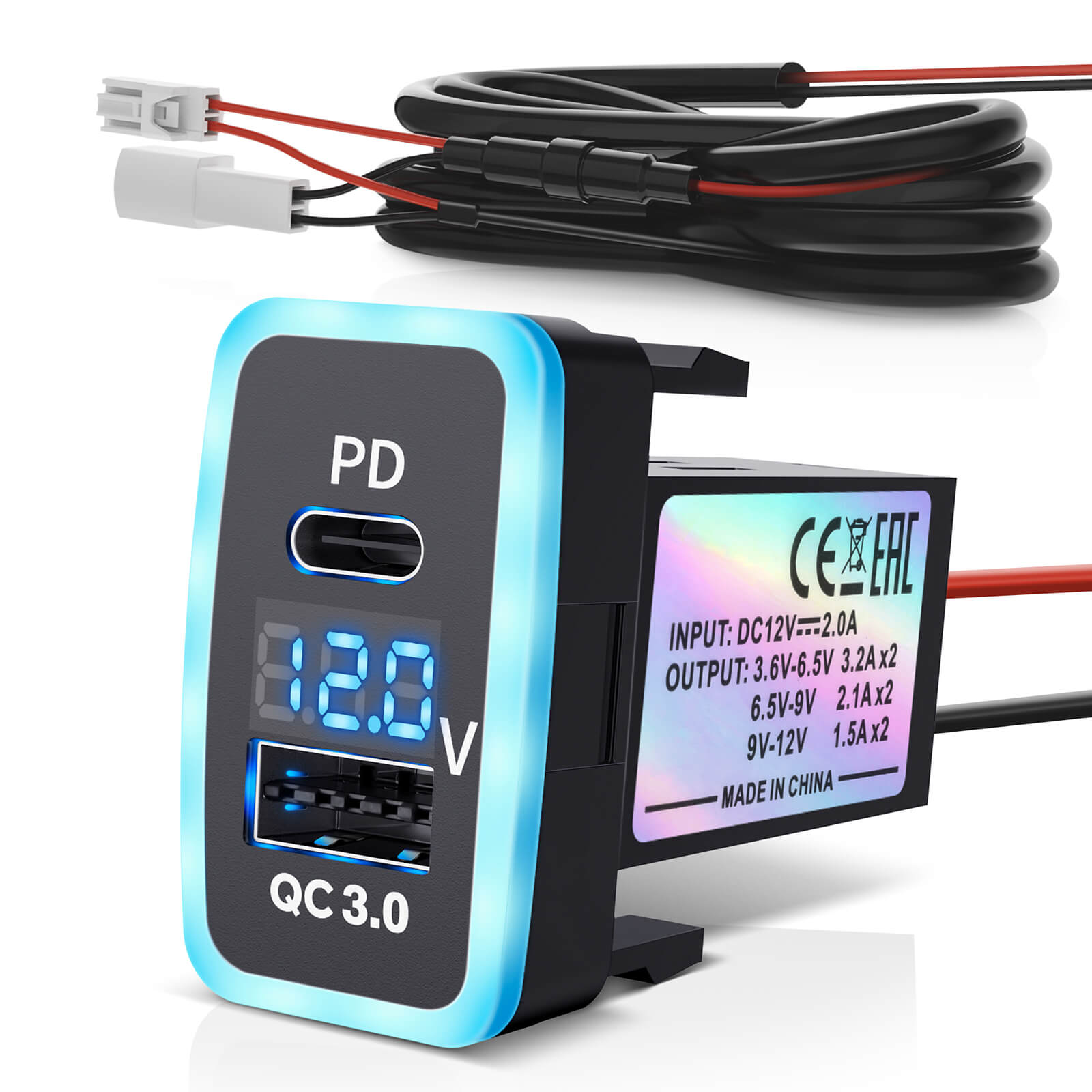 MICTUNING PD+QC3.0 Dual USB Power Socket 3.2A 20W for Toyota, Quick Charge Car Cigarette Lighter Charger with LED Voltage Display