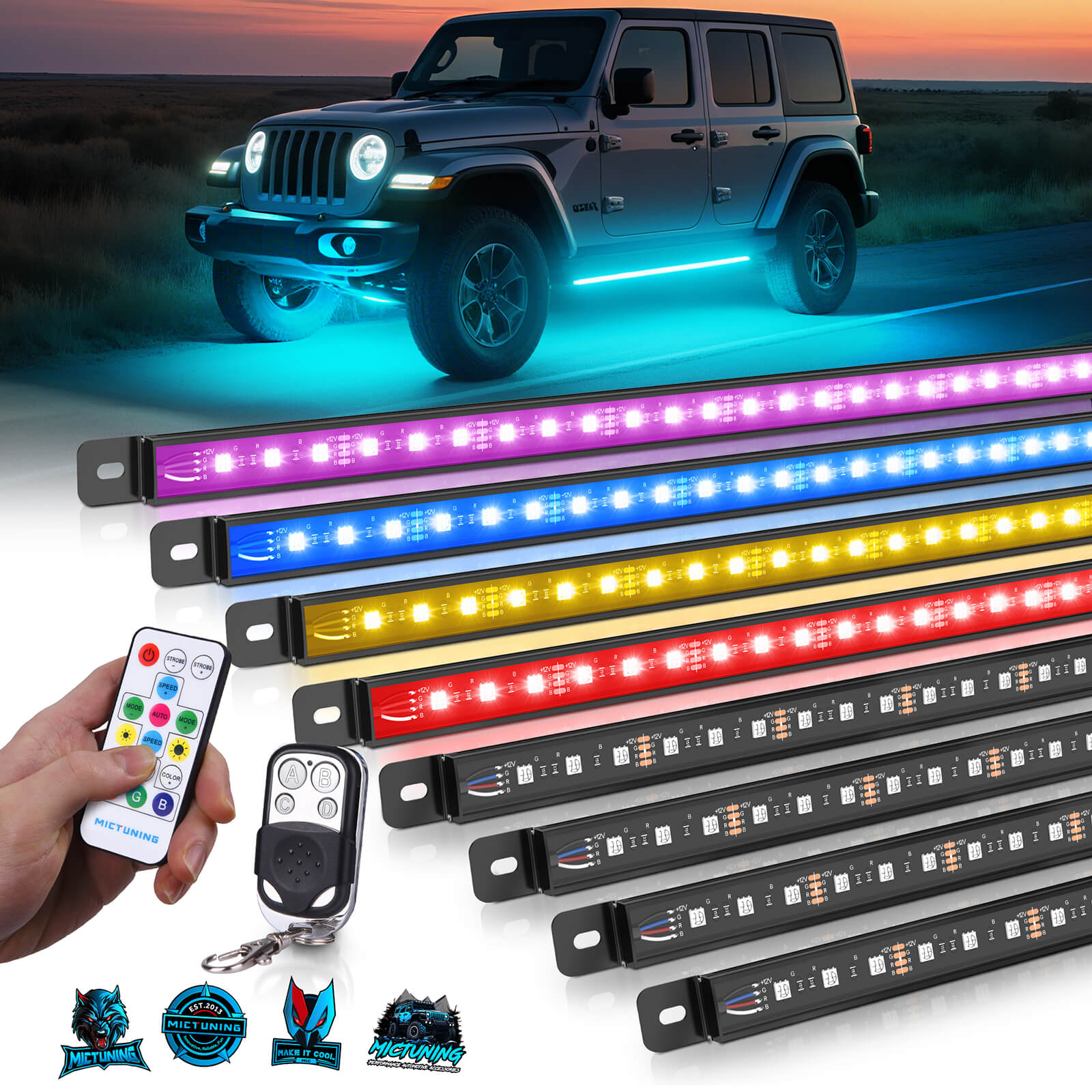 U8 RGB+IC/RGBW/RGB Underglow LED Light Bar, Dual Remote Control, Chasing Color Underbody Light Strip with Aluminum Housing, IP68 Waterproof, 8pcs