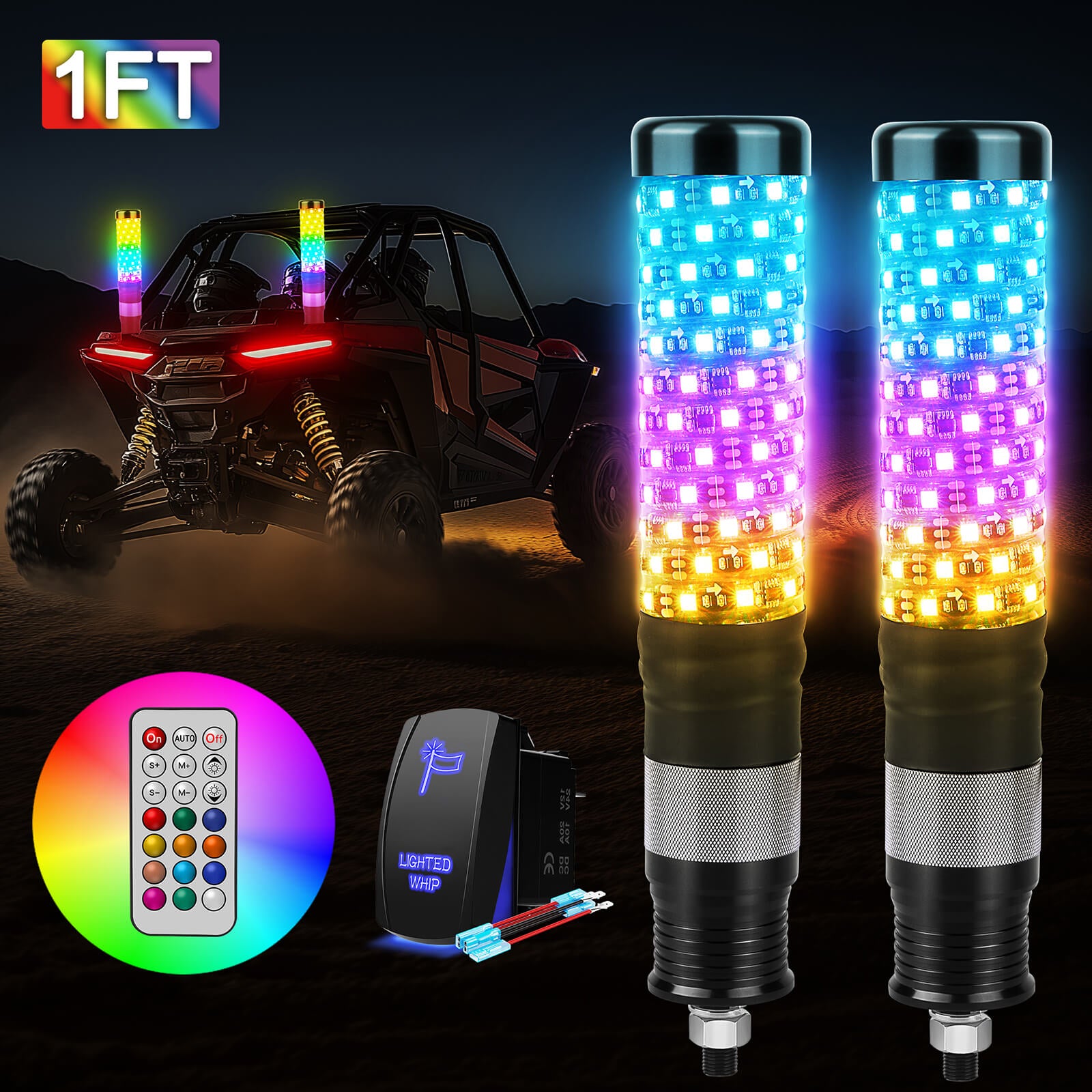 MICTUNING 1FT/2FT Fat LED Whip Light RGB+IC Chasing Colors, 5050 LED chips,  Remote Control, w/ Rocker Switch & 8 Flags