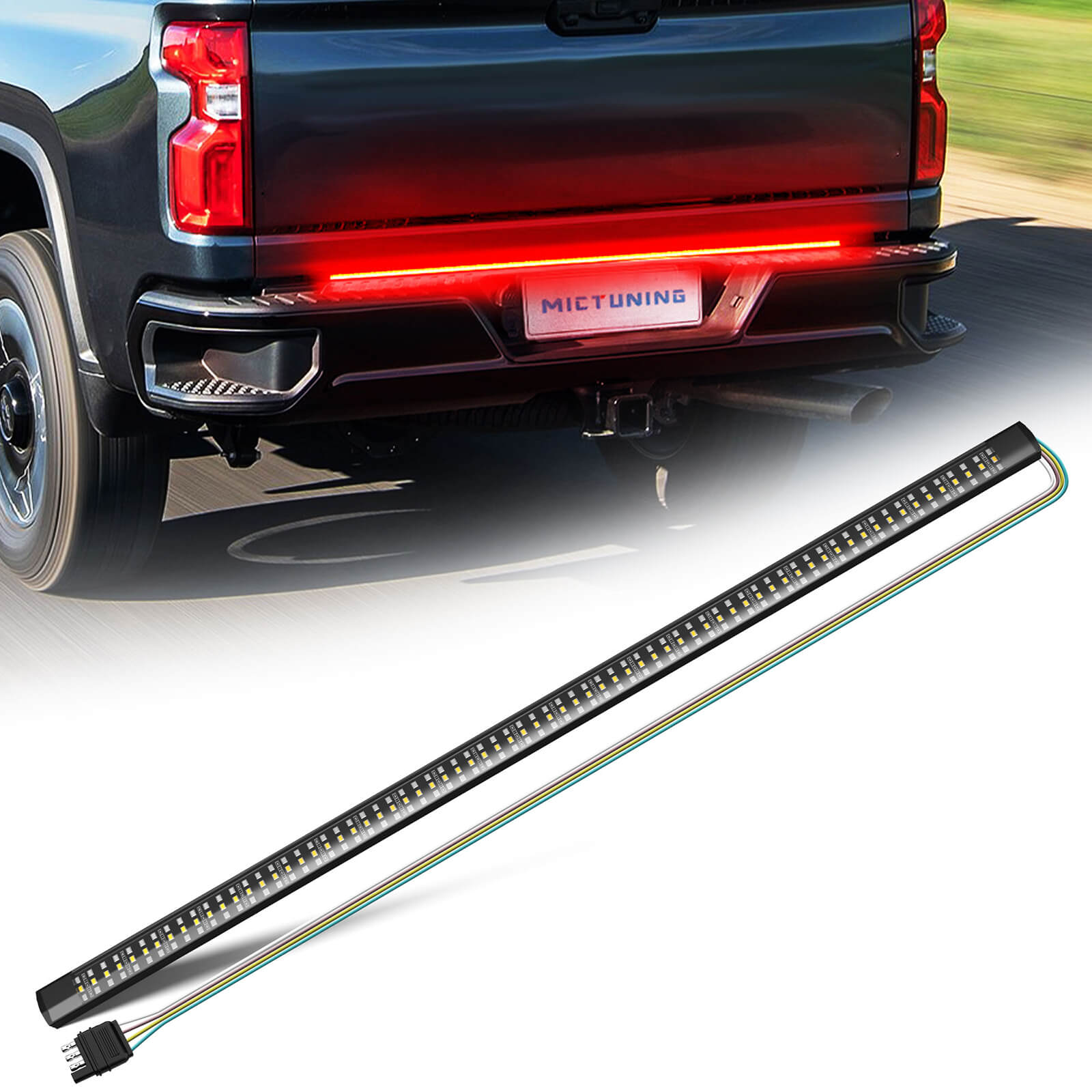 48" Truck Tailgate Light Strip Triple Row 360 LED with Red Running Brake Sequential Turn Signal, Strobe & White Reverse Lighting