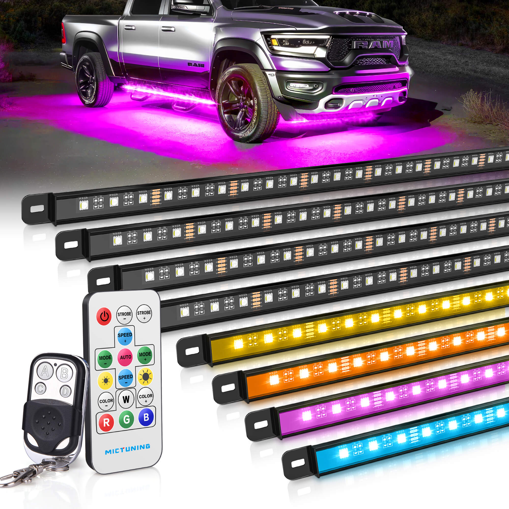 N8 Aluminum LED Car Underglow Light Kit, Exterior Underbody Light Strip 8PCS - Remote & Key Fob Dual Control(RGBW/RGB+IC)