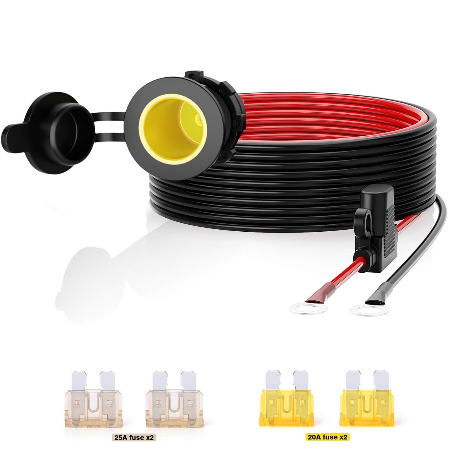Car Female Cigarette Lighter Plug Threaded Socket with 0.33 Ring Eyelet  Terminals 12ft Cable 12AWG 12V 24V, Battery Cord with Inline Blade Fuse 25A