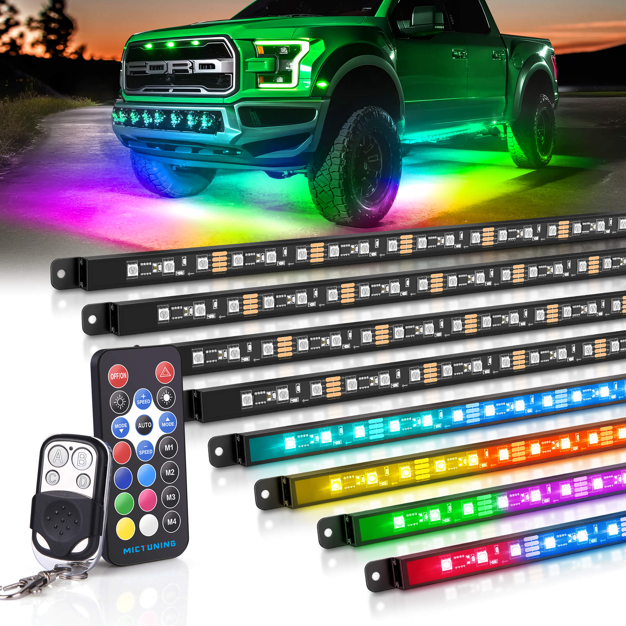 N8 Aluminum LED Car Underglow Light Kit, Exterior Underbody Light Strip 8PCS - Remote & Key Fob Dual Control(RGBW/RGB+IC)