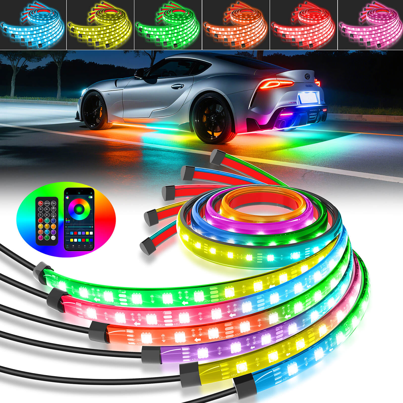 RGB+IC Car Underglow Neon Accent Strip Lights, APP & Remote Control, Sound Active Function, Music Mode(2x35″+2x47″/4x35″+2x47″ )
