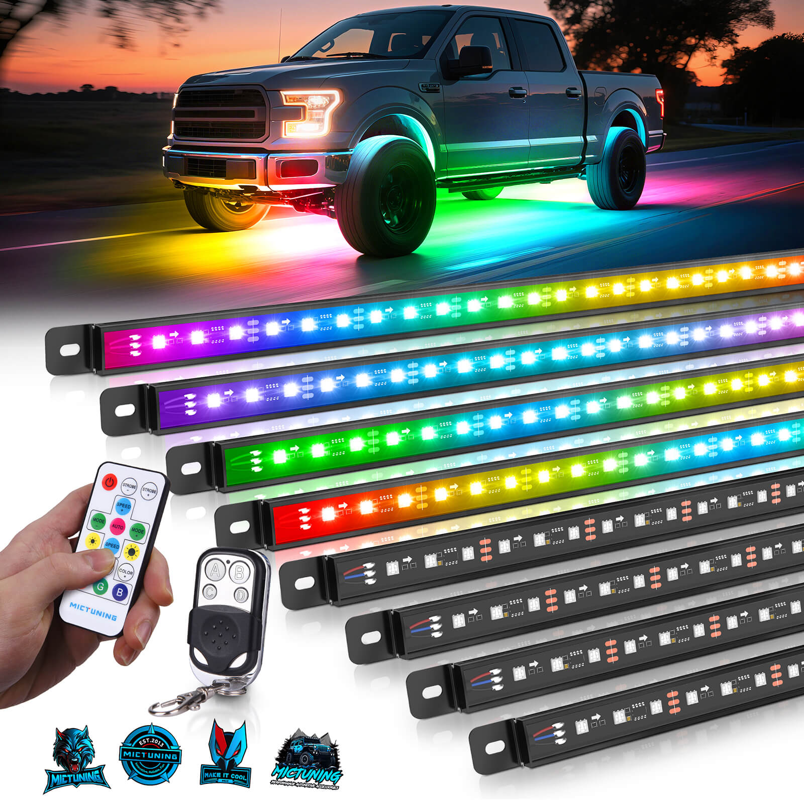 U8 RGB+IC/RGBW/RGB Underglow LED Light Bar, Dual Remote Control, Chasing Color Underbody Light Strip with Aluminum Housing, IP68 Waterproof, 8pcs