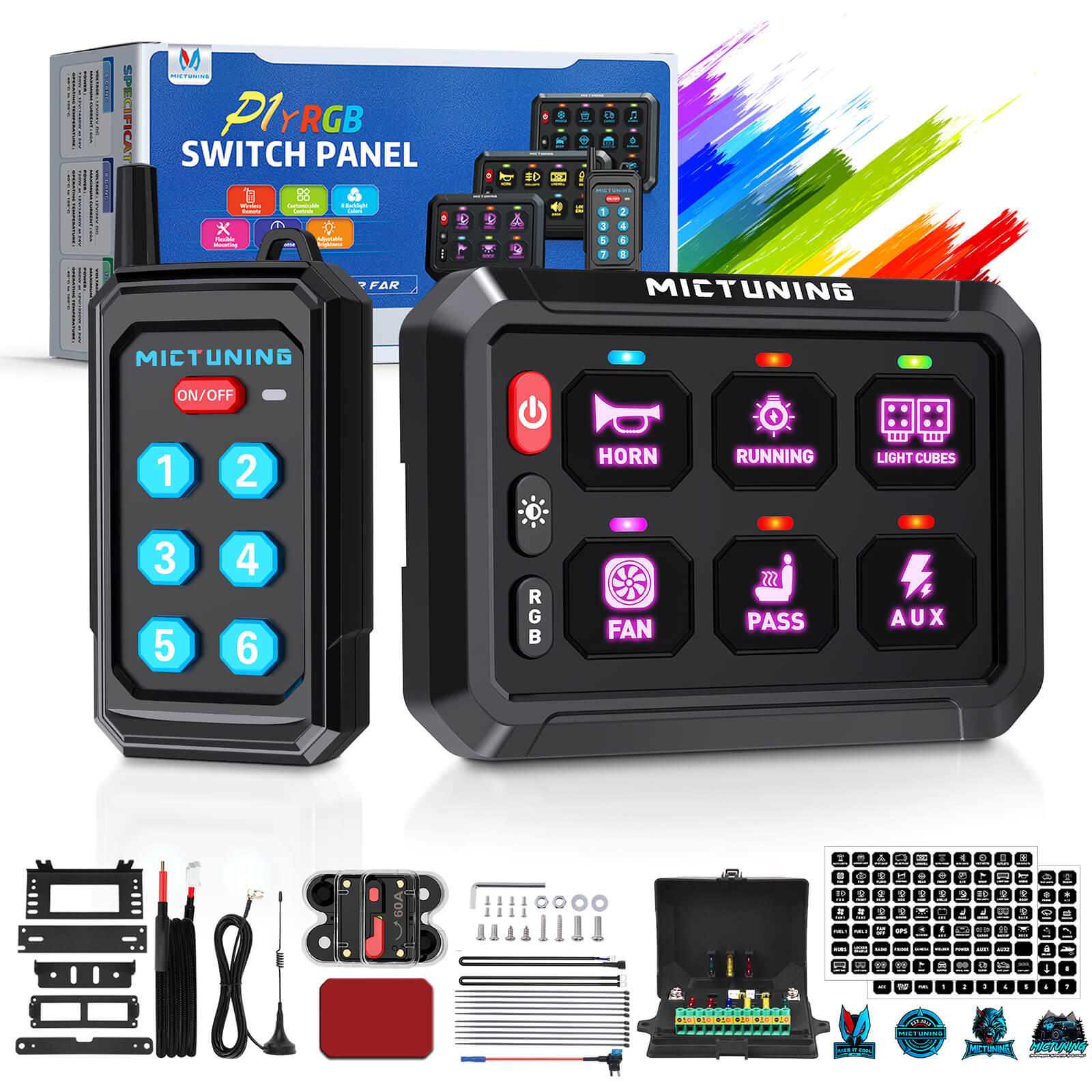 P1Y RGB Switch Panel with Remote Control Range Up to 230FT, 6/8/12 Gang, Multifunction Toggle Momentary Strobe Pulsed Switch
