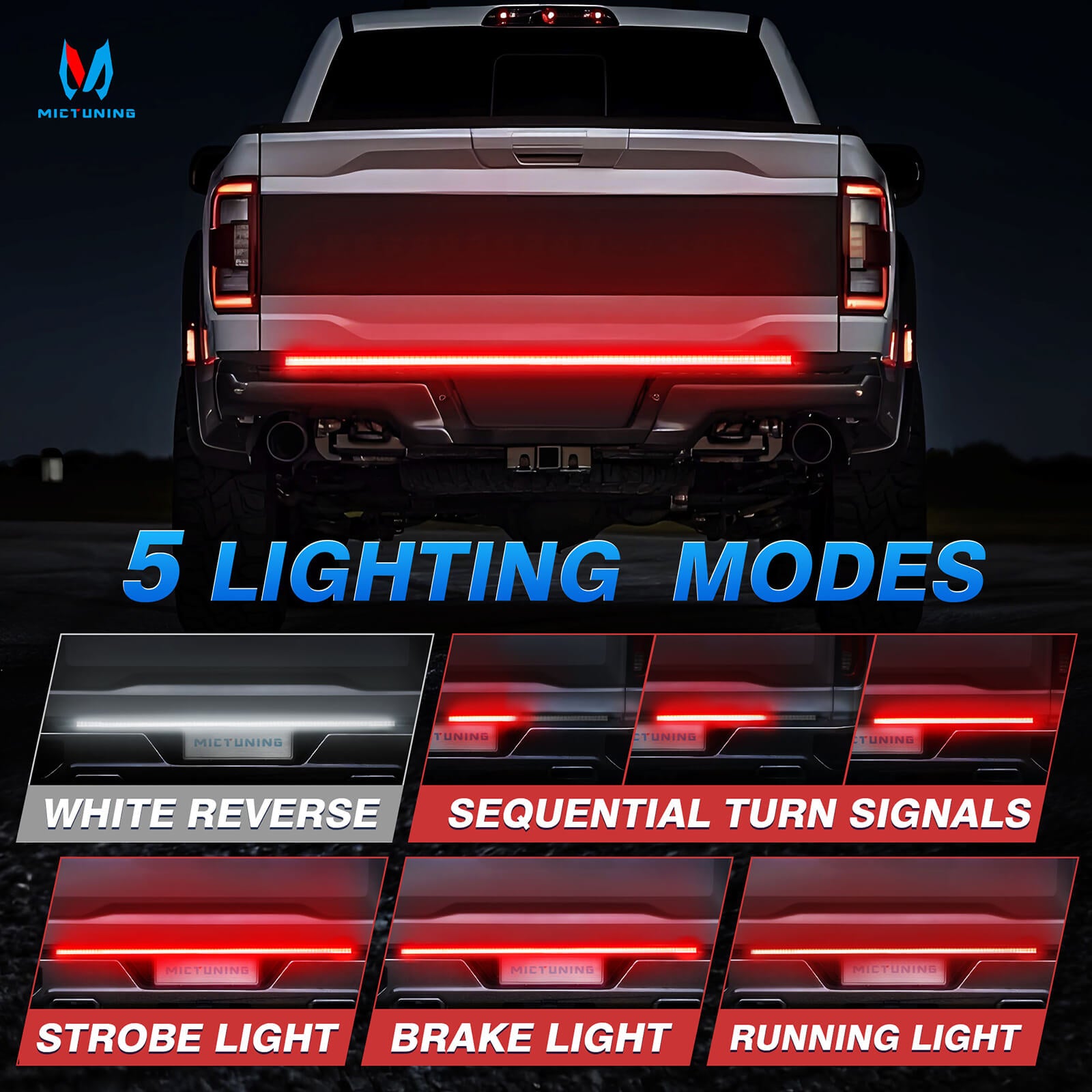 48" Truck Tailgate Light Strip Triple Row 360 LED with Red Running Brake Sequential Turn Signal, Strobe & White Reverse Lighting