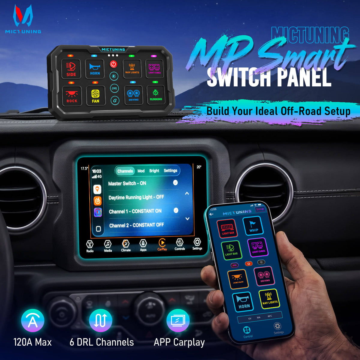 Newest MP Smart Switch Panel 8 Gang, 120A High Current, Trigger & DRL Control, App & Apple CarPlay, Group Control, Low-Voltage Auto Cutoff