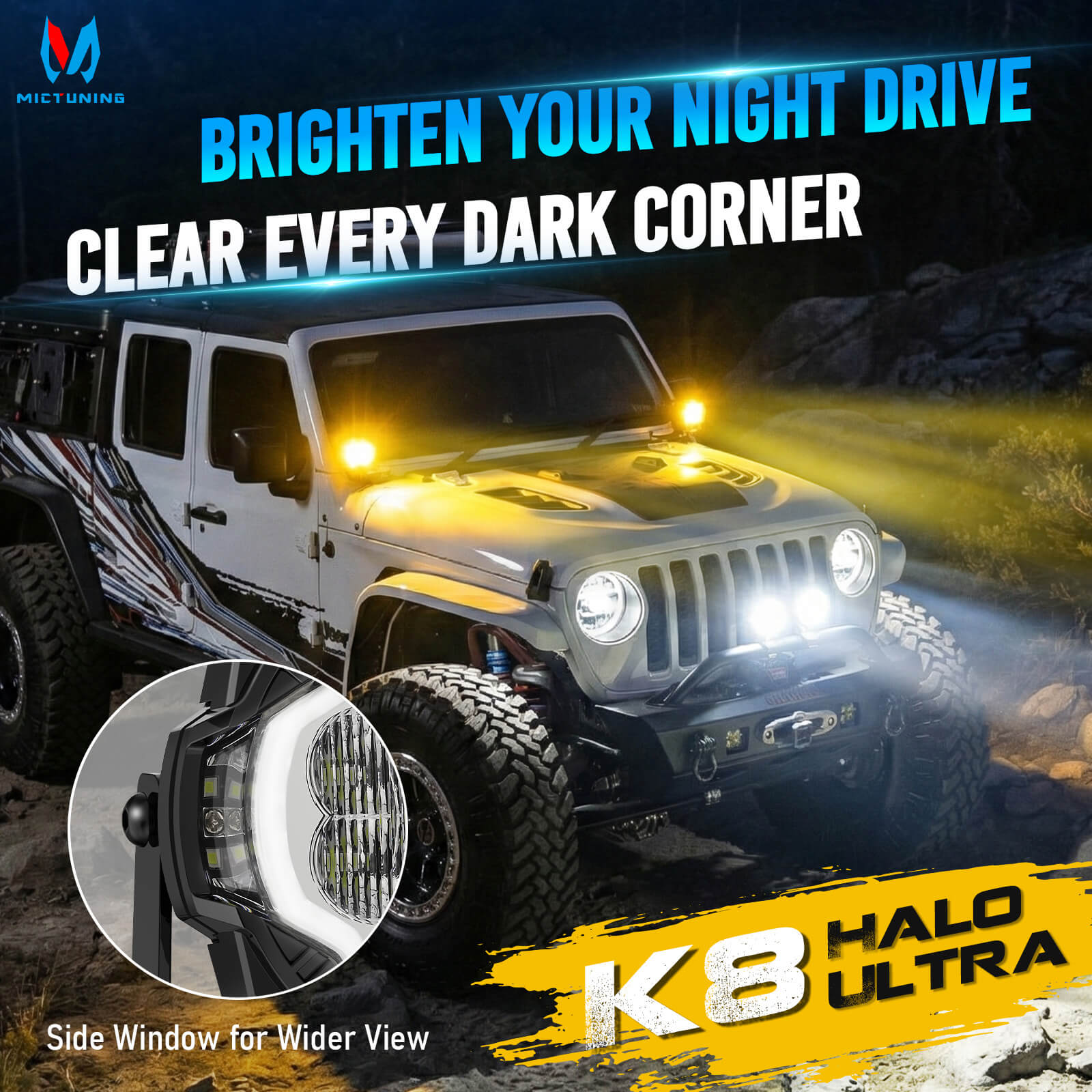 K8 Halo UltraDrive Pod Light 4-Inch/5-Inch, Offroad Driving Beam Extended Range & Wider Spread, LED Side Shooter, IP68 Waterproof, Pair