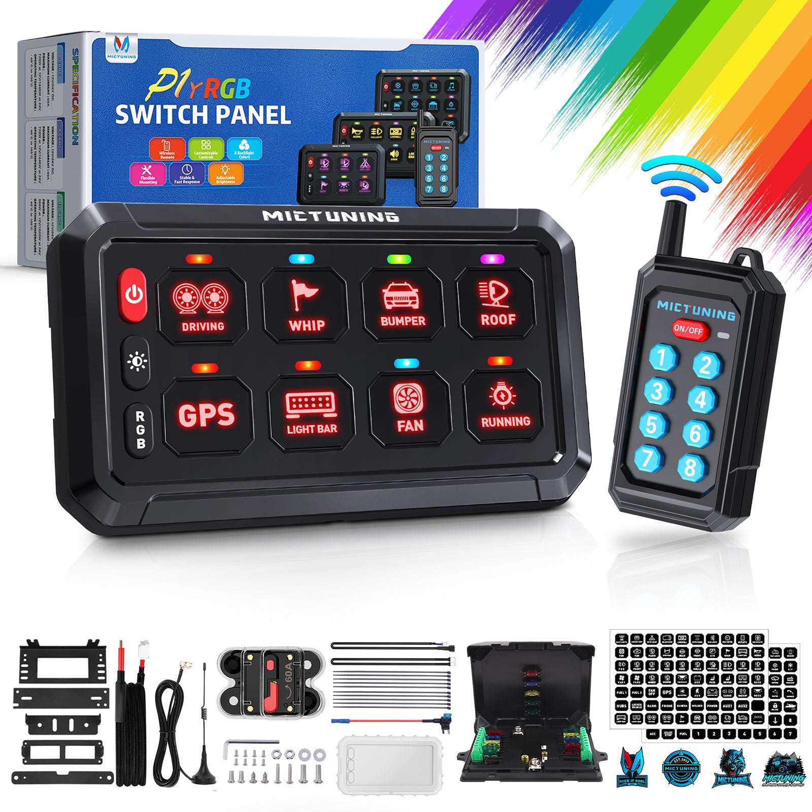 MICTUNING P1Y RGB Switch Panel with Remote Control Range Up to 230FT, 6/8/12 Gang
