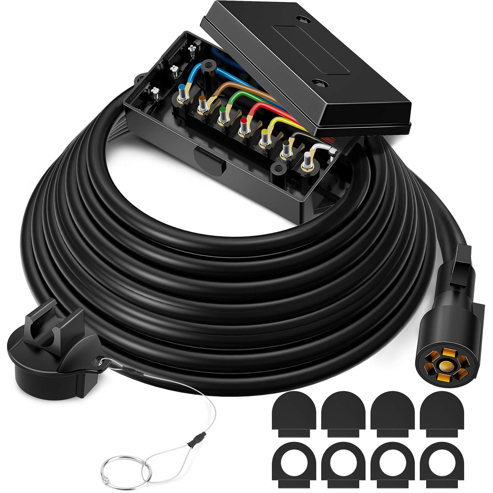 16 FT Heavy Duty 7 Way Plug Inline Trailer Cord with 7 Gang Junction Box, Weatherproof