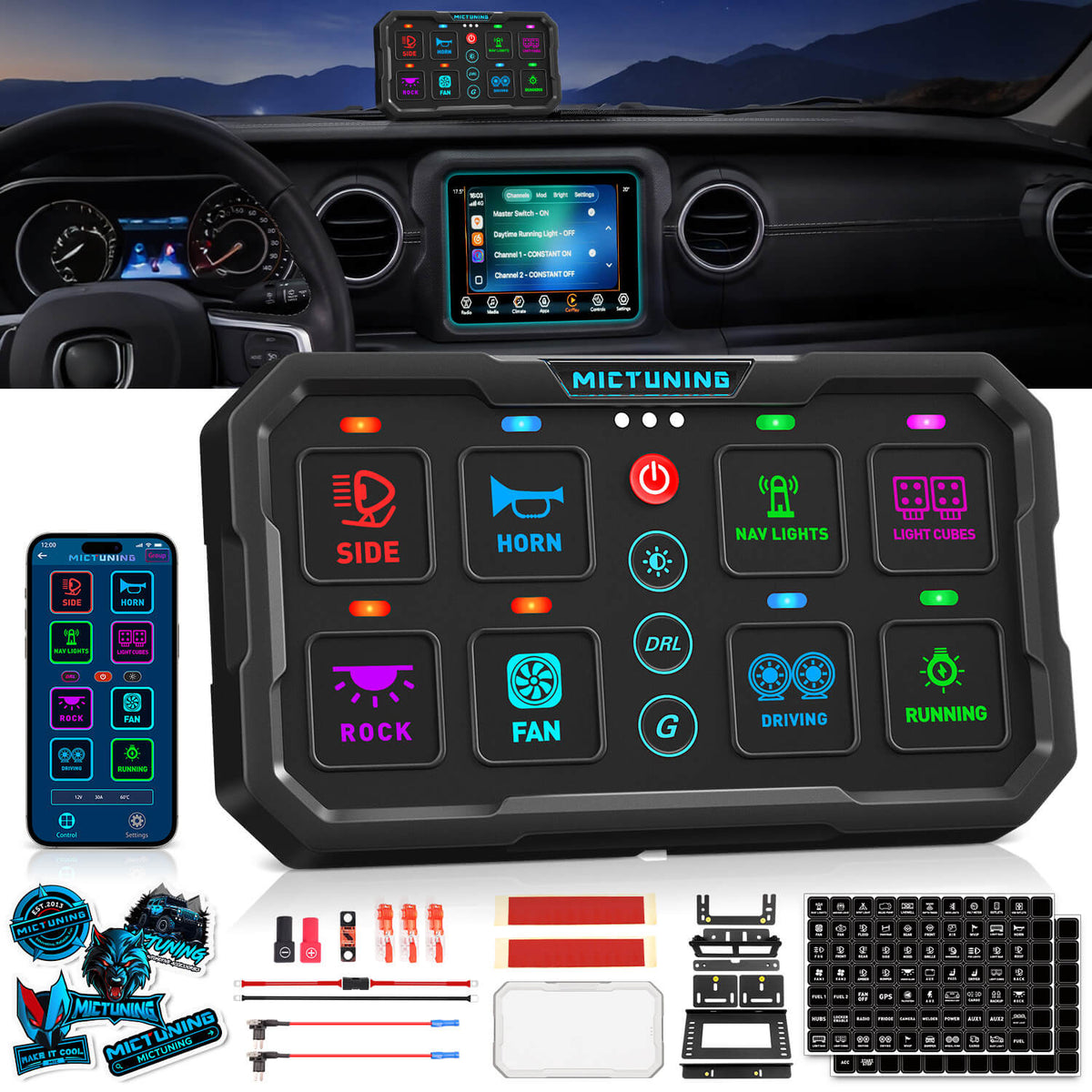 Newest MP Smart Switch Panel 8 Gang, 120A High Current, Trigger & DRL Control, App & Apple CarPlay, Group Control, Low-Voltage Auto Cutoff