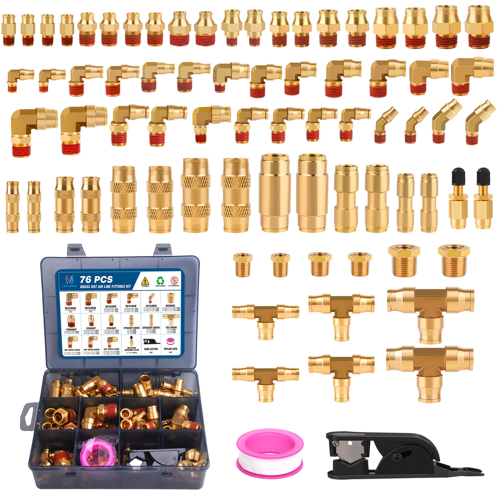 76 PCS Brass DOT Air Brake Line Fittings Assortment Kit, Quick Connect & NPT Thread Tube Air Hose Fittings Repair Kit, Fittings for Truck or Industrial Air System