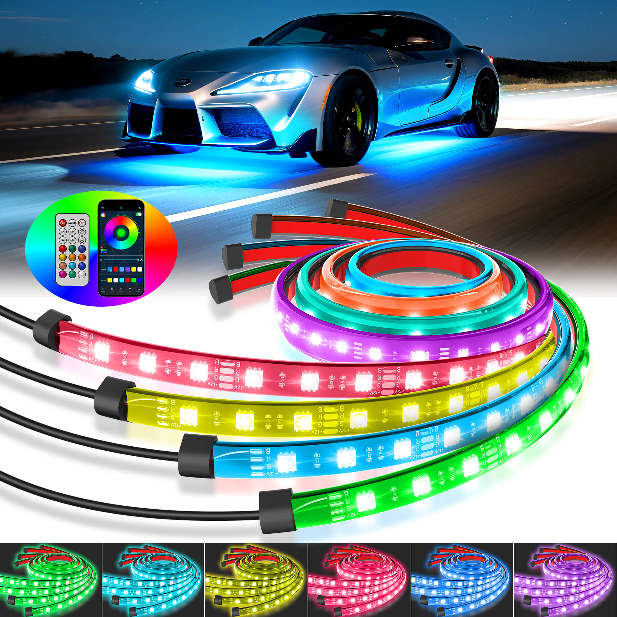 RGB Car Underglow Neon Accent Strip Lights, APP & Remote Control, Sound Active Function, Music Mode(2x35″+2x47″/4x35″+2x47″ )