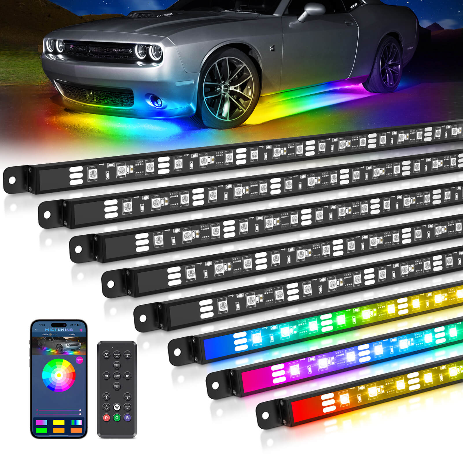 N8 RGB+IC LED Car Underglow Light Kit Bundle with LED Whip Lights Kit