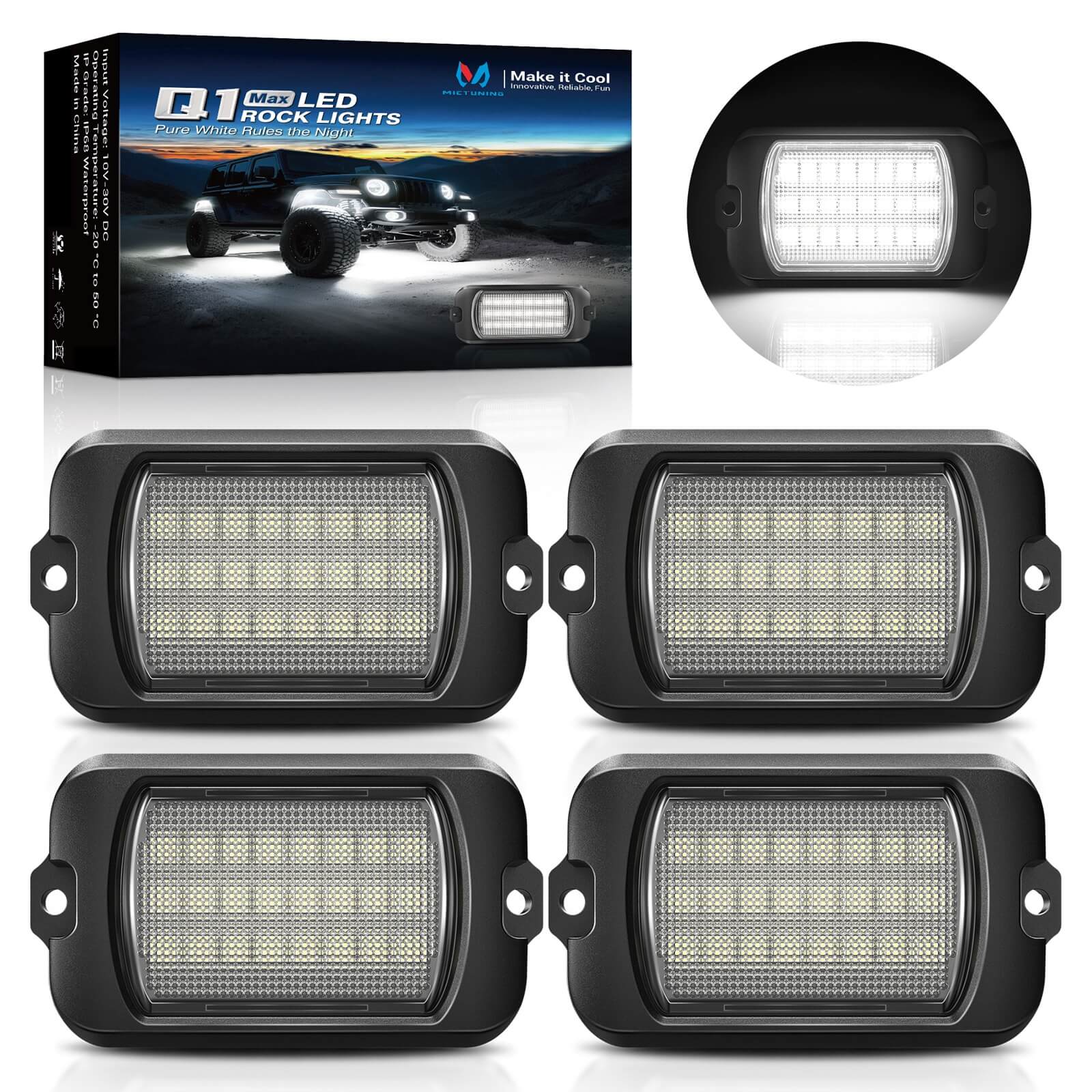 Q1 MAX White Rock Lights - 4-12 Pods Underglow Lights Compatible for Car Truck Offroad Boat, IP68 Waterproof