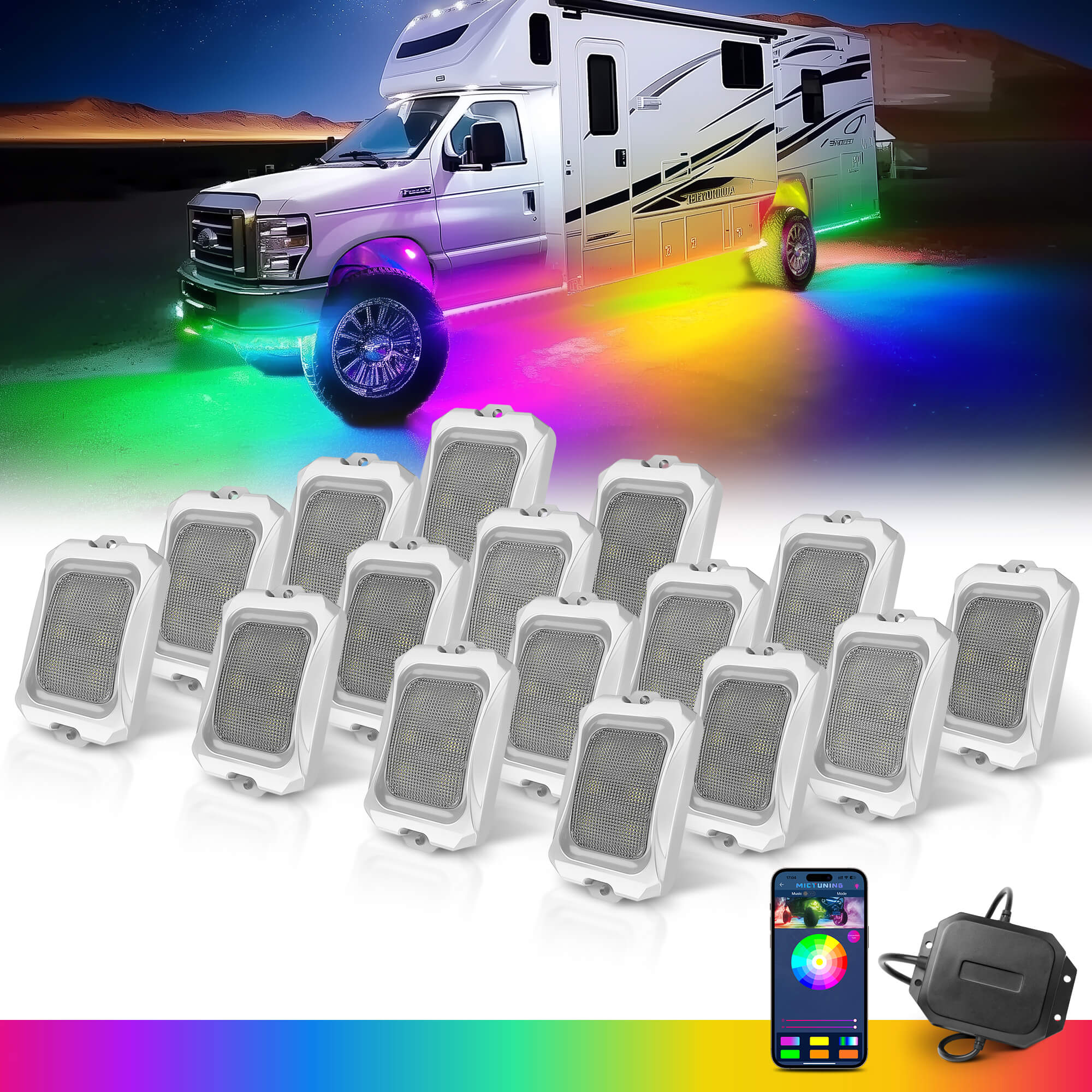 C2 Max RGB+IC Chasing Color Rock Lights Kit, 8-24 Pods, IP68 Waterproof, White Housing